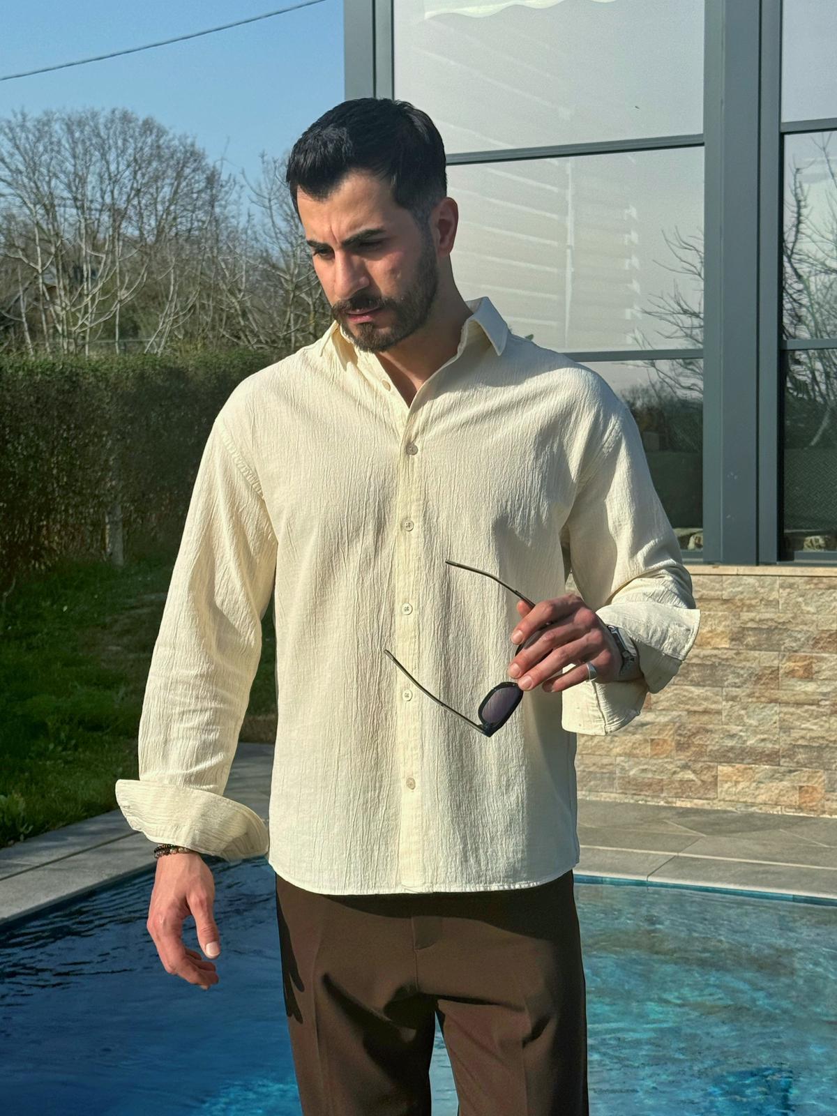 Krem Premium Fit Krinkıl Keten Gömlek