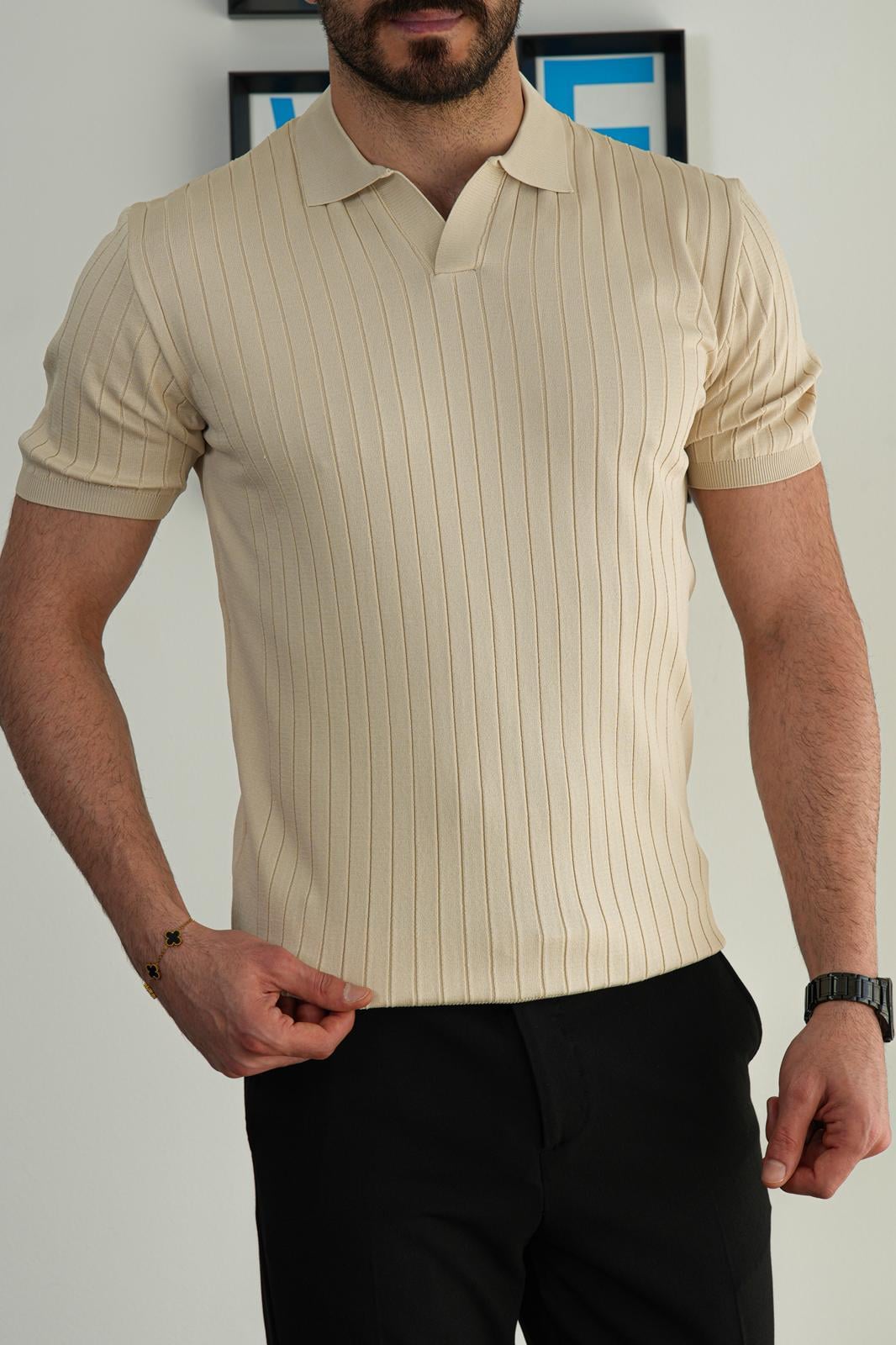 Krem Premium Yazlık Pamuklu Fit Polo T-Shirt
