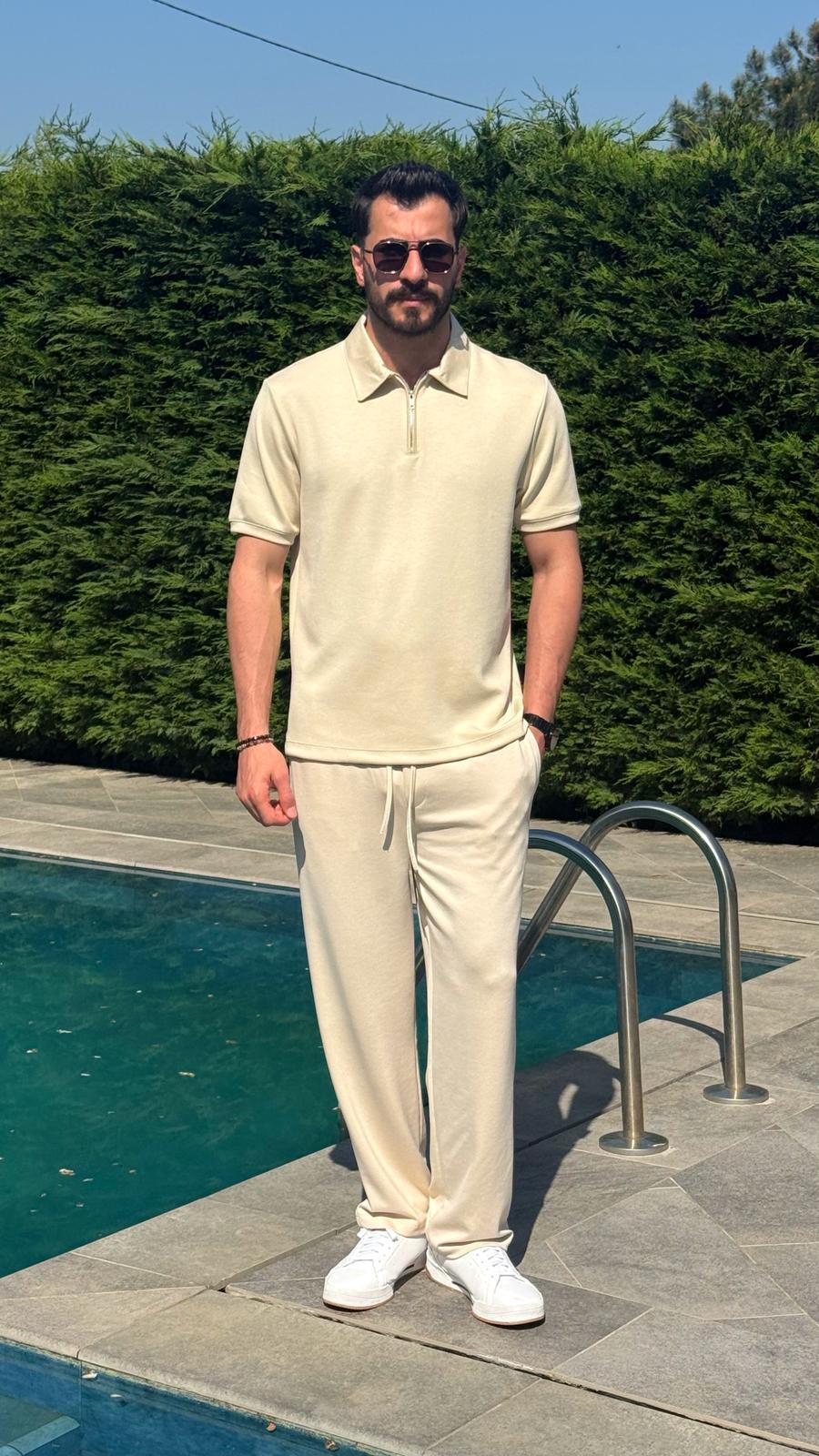Krem Regular Fit Yarım Fermuarlı Yazlık Osyho Takım