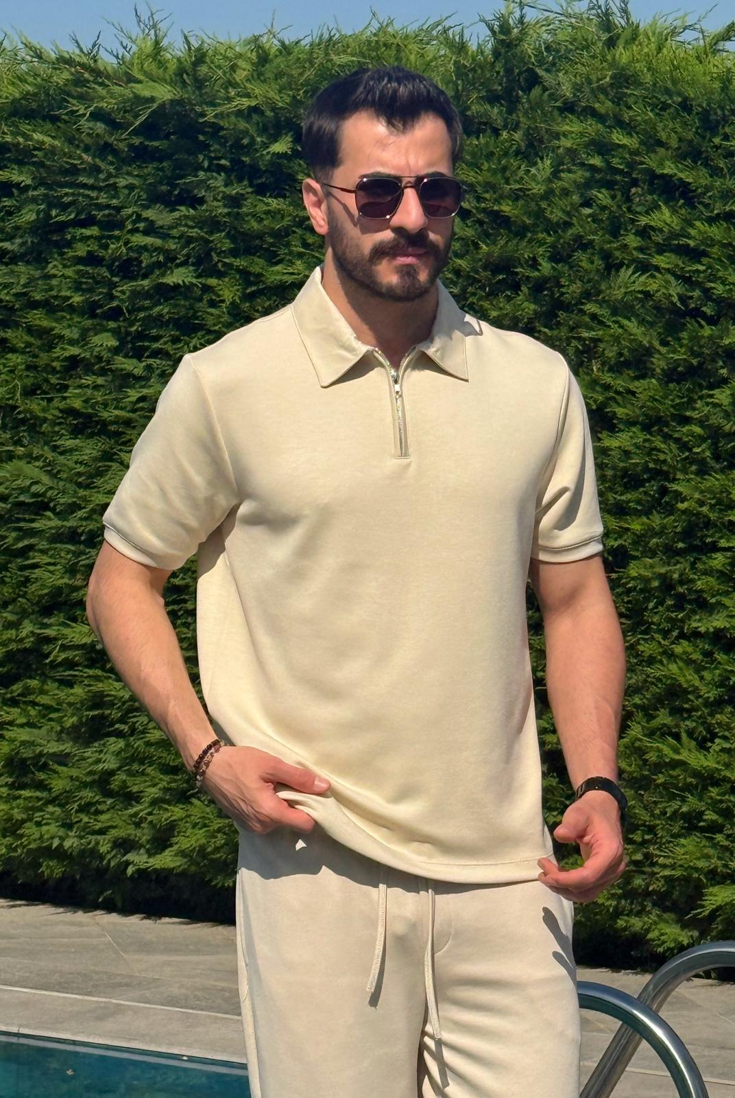 Krem Regular Fit Yarım Fermuarlı Yazlık Osyho Takım
