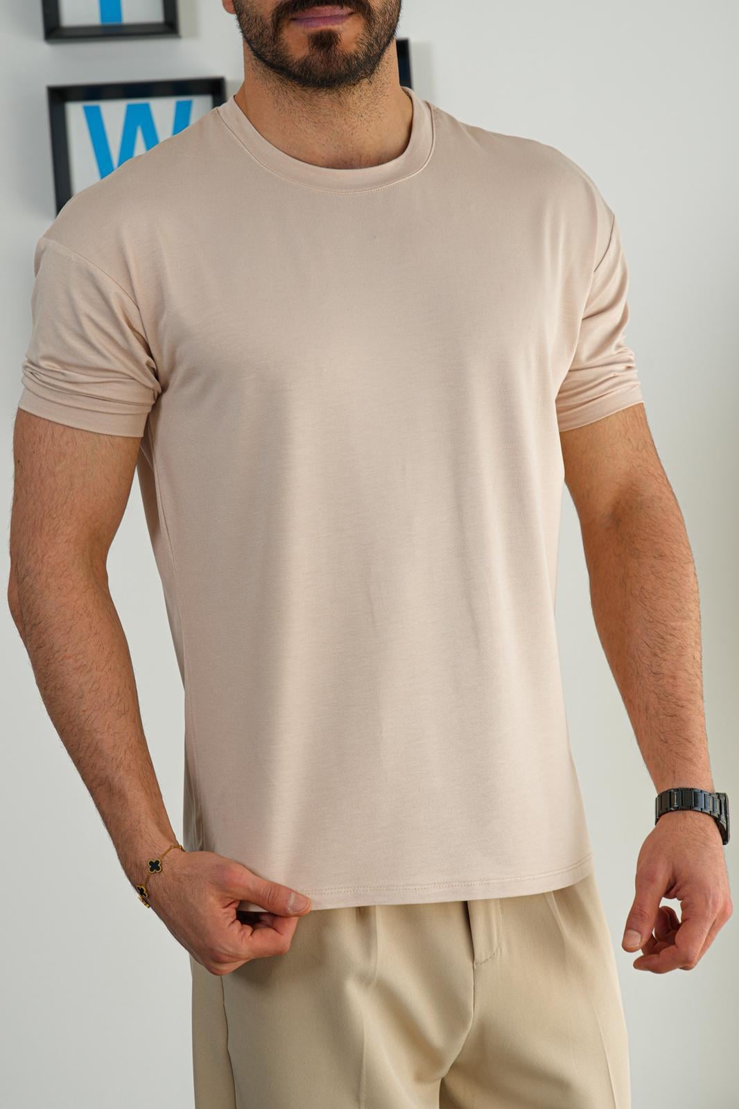 Krem Süet Kumaş T-Shirt