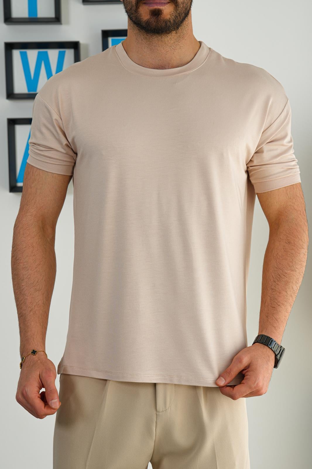Krem Süet Kumaş T-Shirt