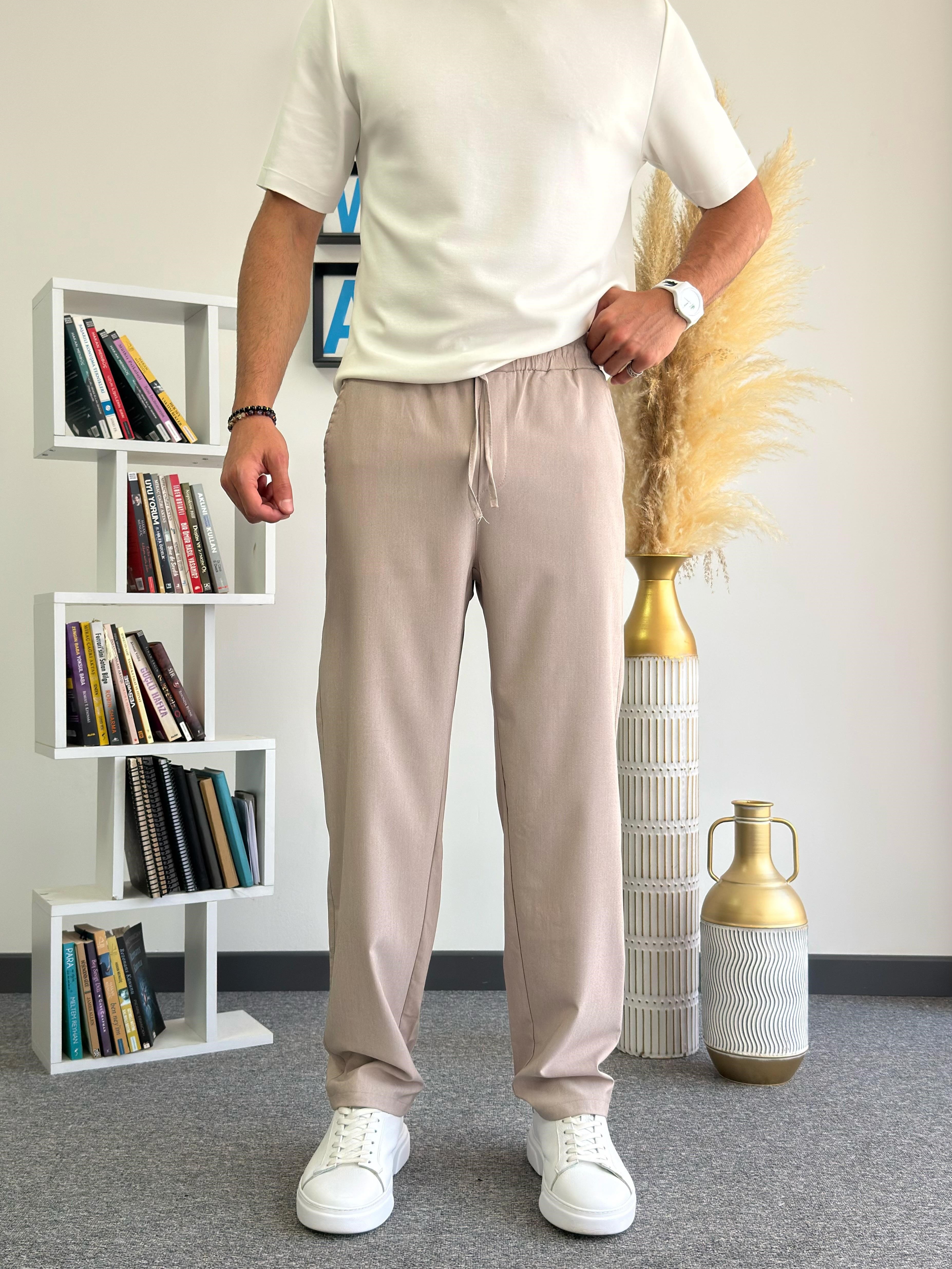 Krem Ultra Hafif Milano Paraşüt Kumaş Baggy Pantolon