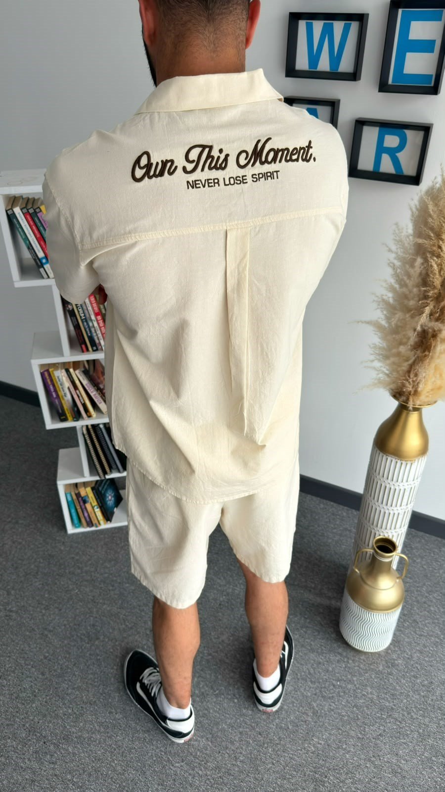 Krem Yazlık Aura Oversize Gömlek Şort Takım