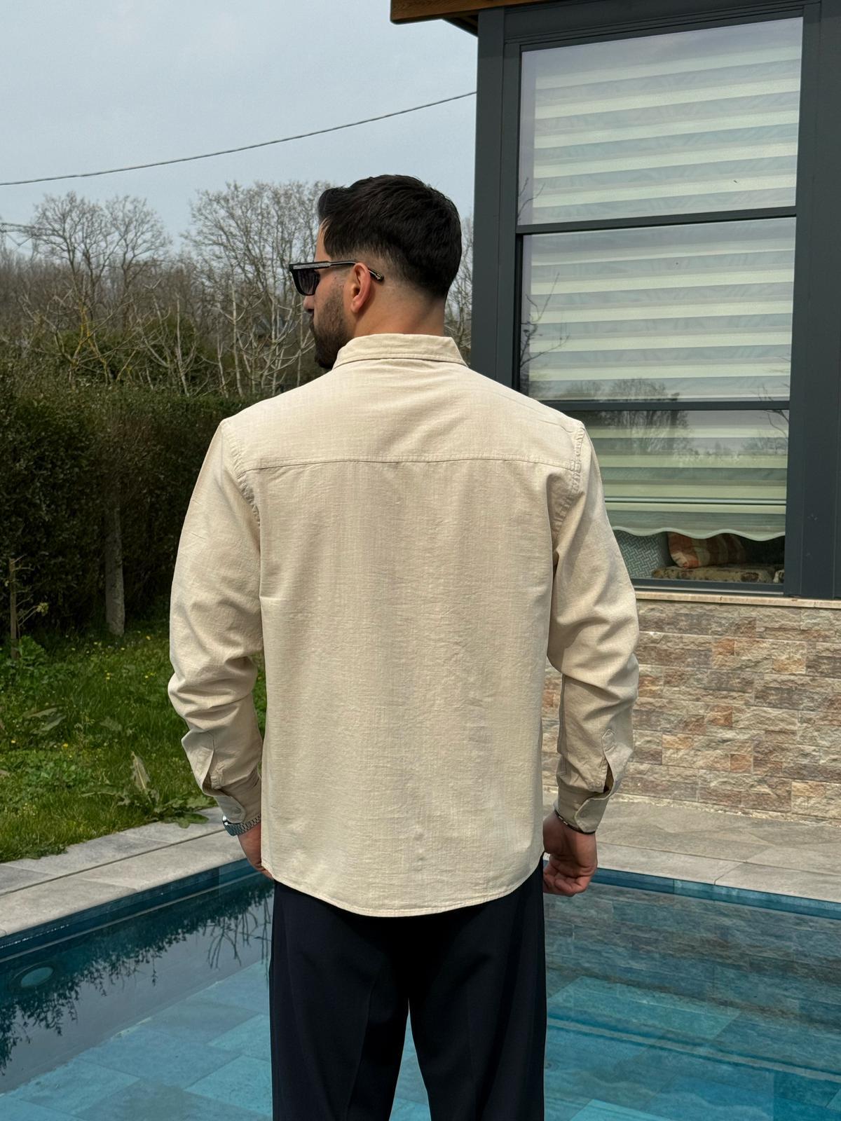 Krem Yazlık Fresh Keten Kumaş Tam Kalıp Gömlek
