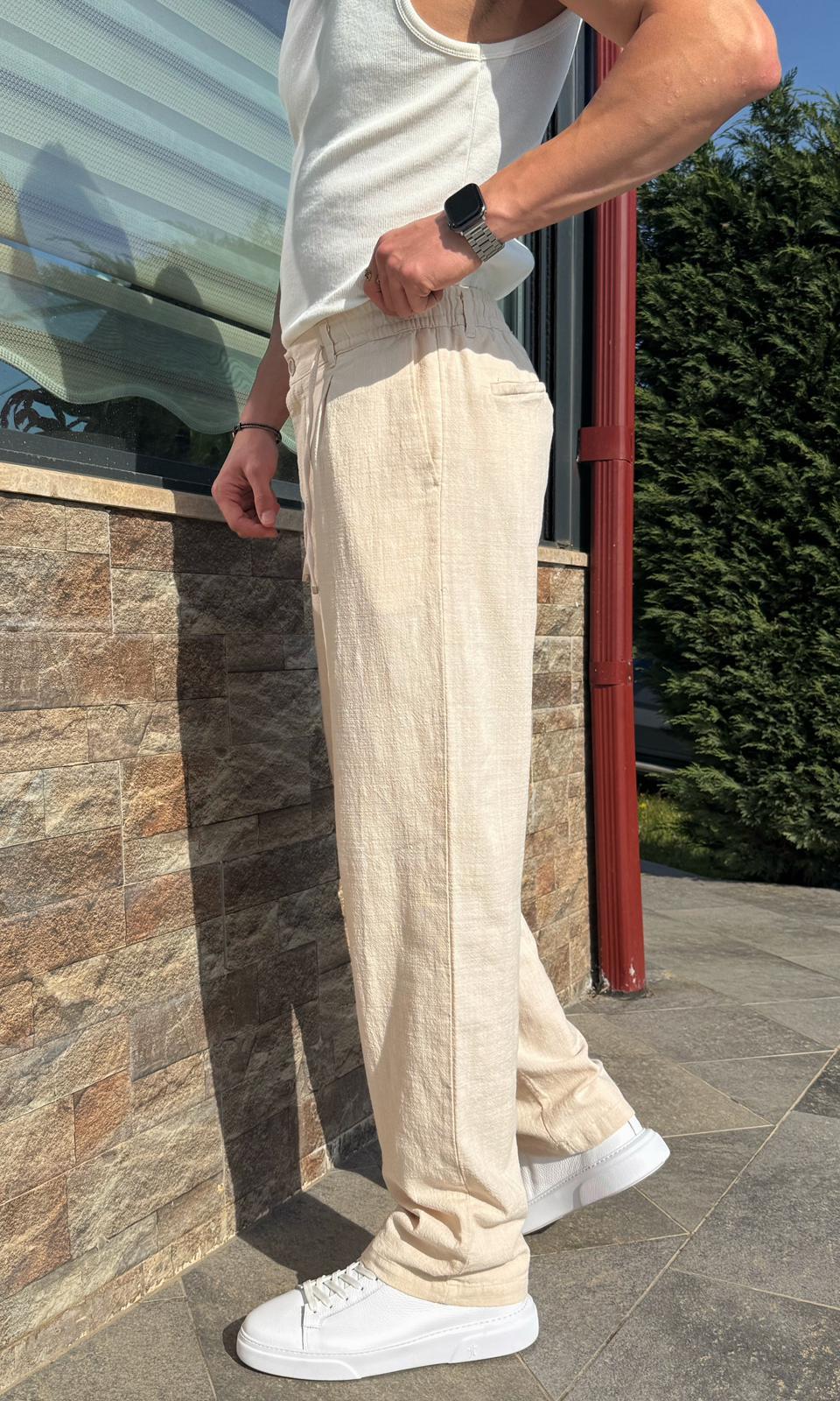 Krem Yazlık Premium Keten Baggy Pantolon