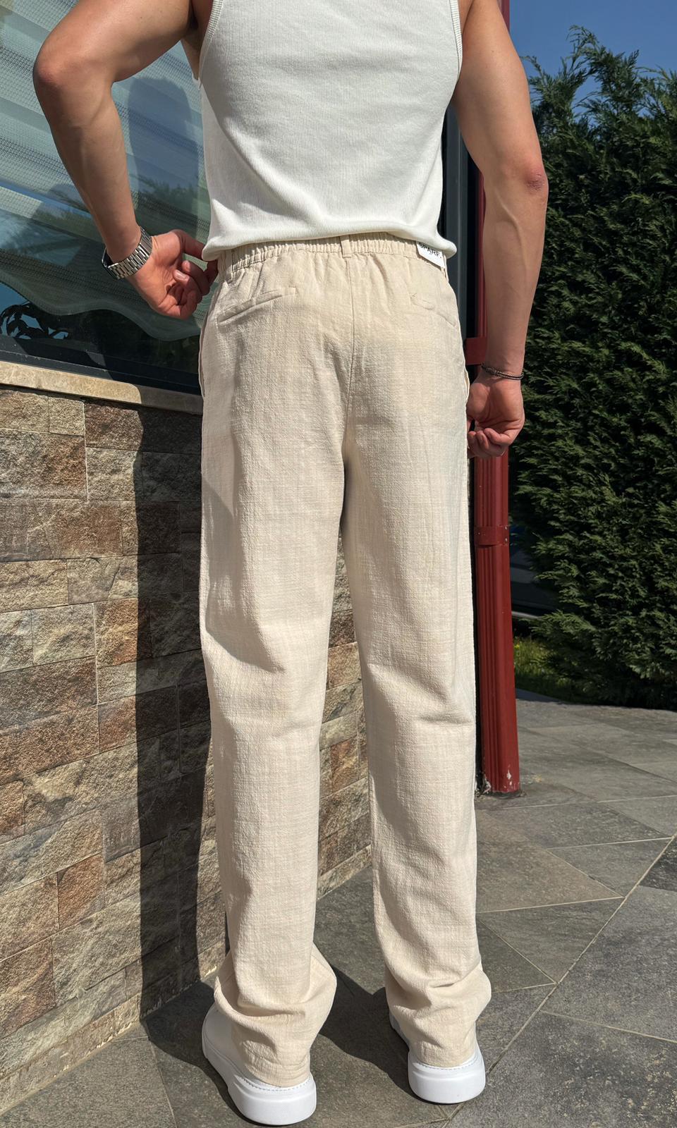 Krem Yazlık Premium Keten Baggy Pantolon