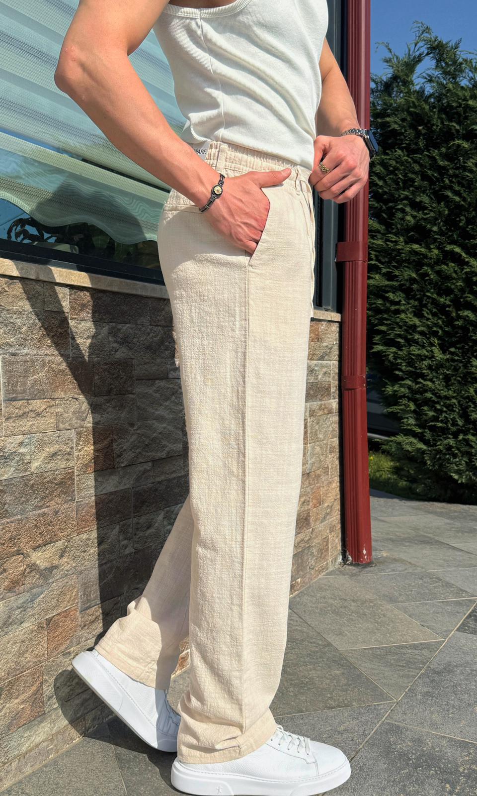 Krem Yazlık Premium Keten Baggy Pantolon