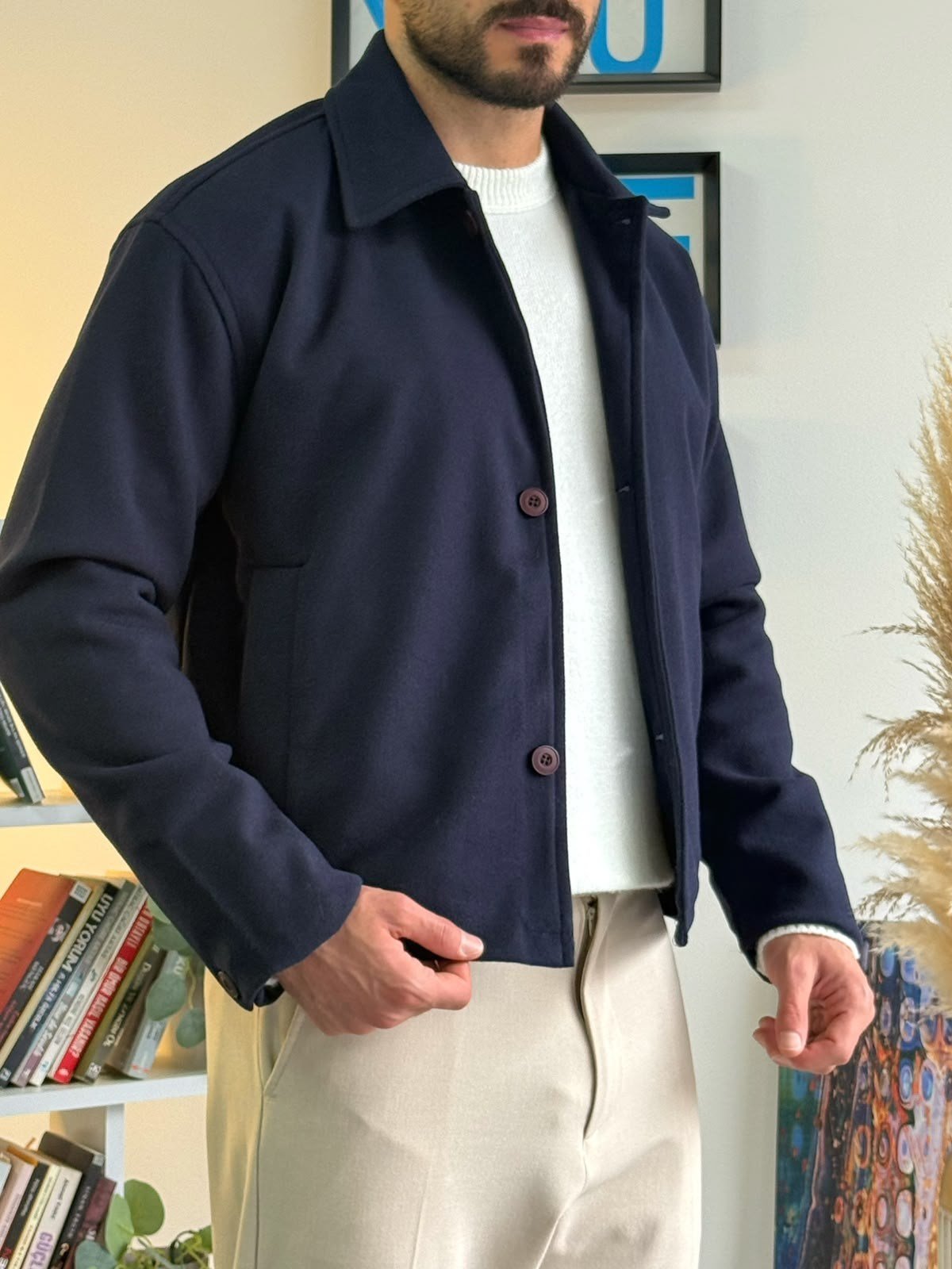 Lacivert Crop Kesim Kaşe Ceket