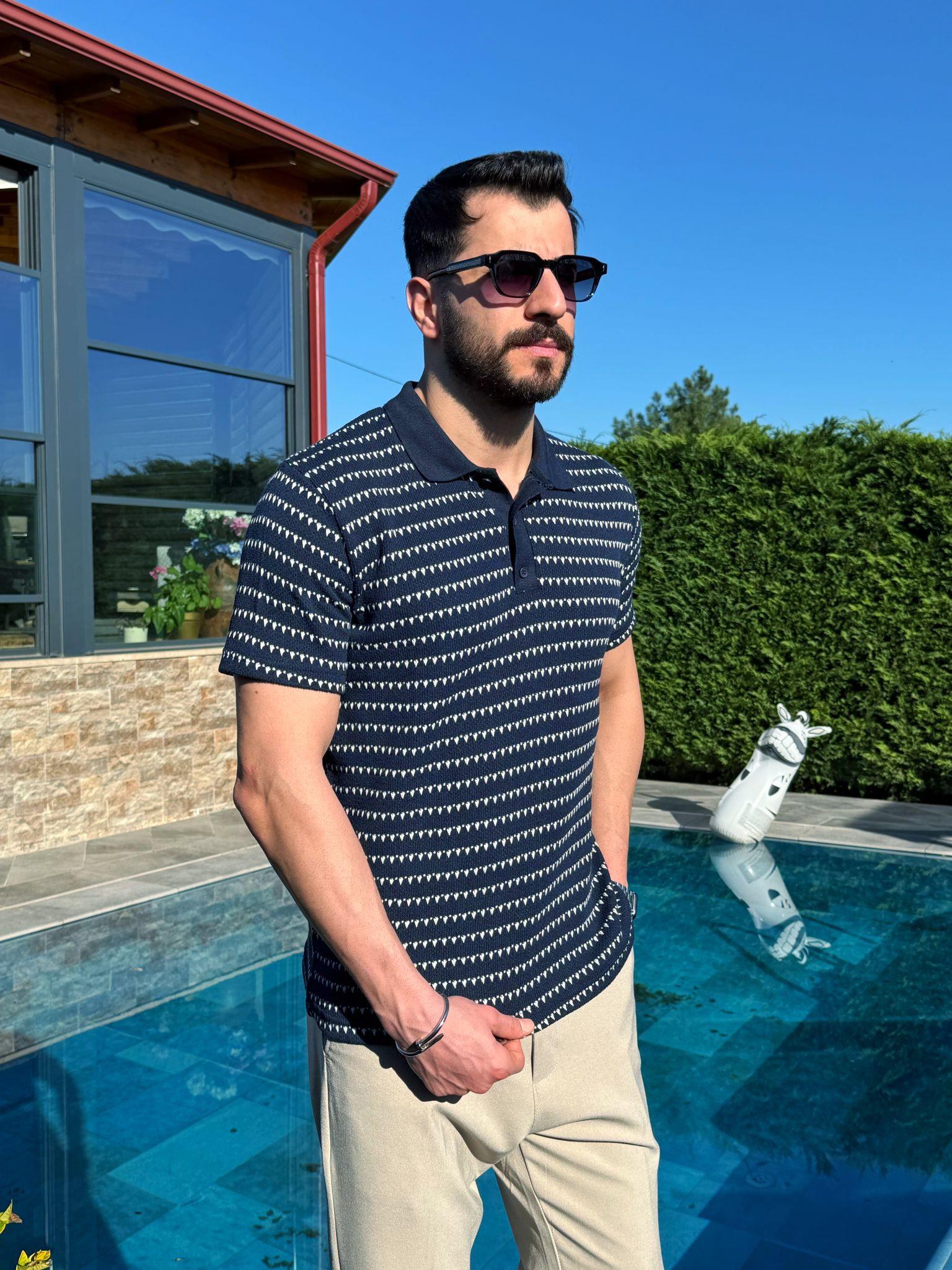 Lacivert Dokulu Yazlık Polo Yaka T-Shirt