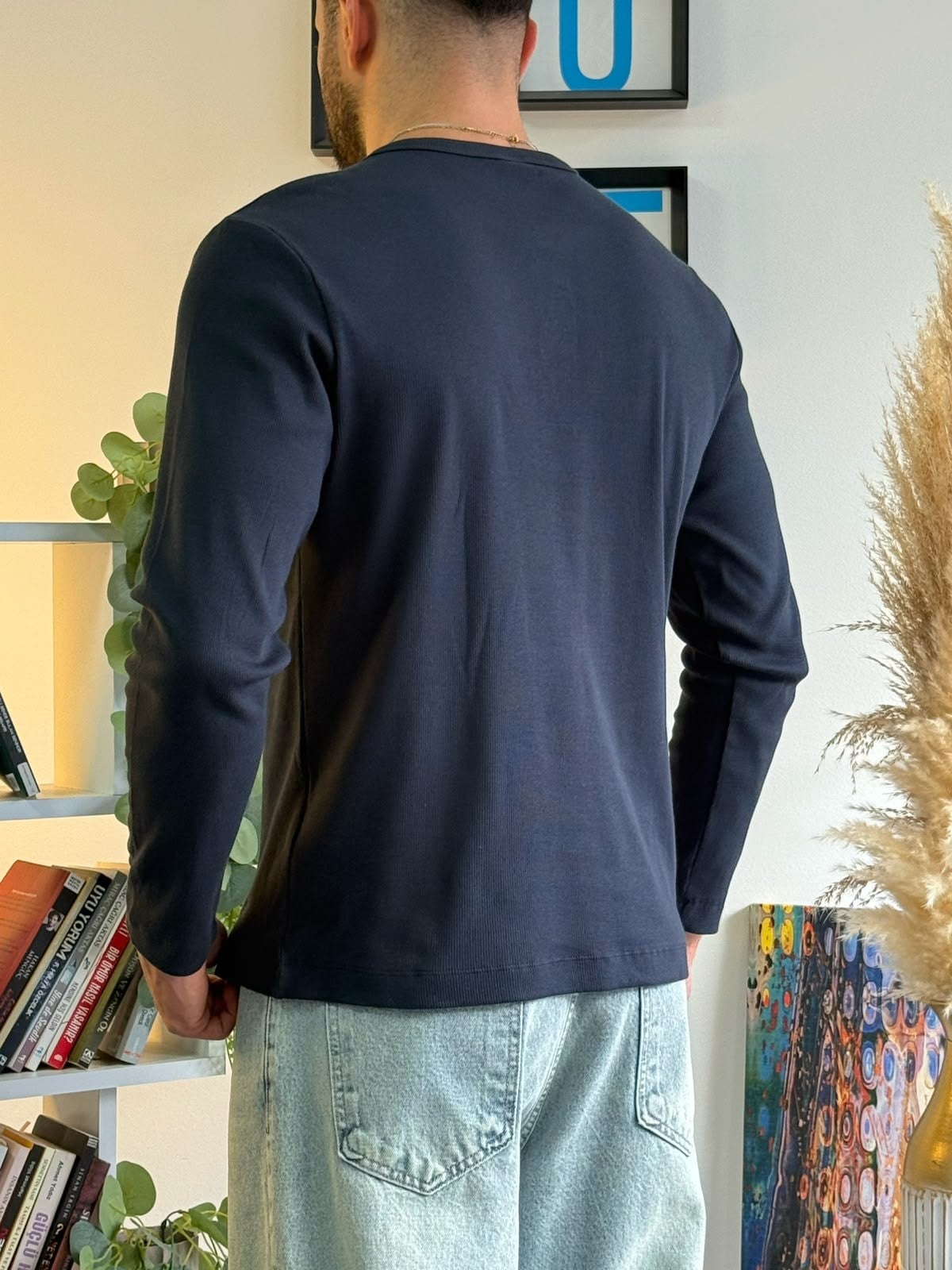 Lacivert Henley Yaka Uzun Kollu Sweat