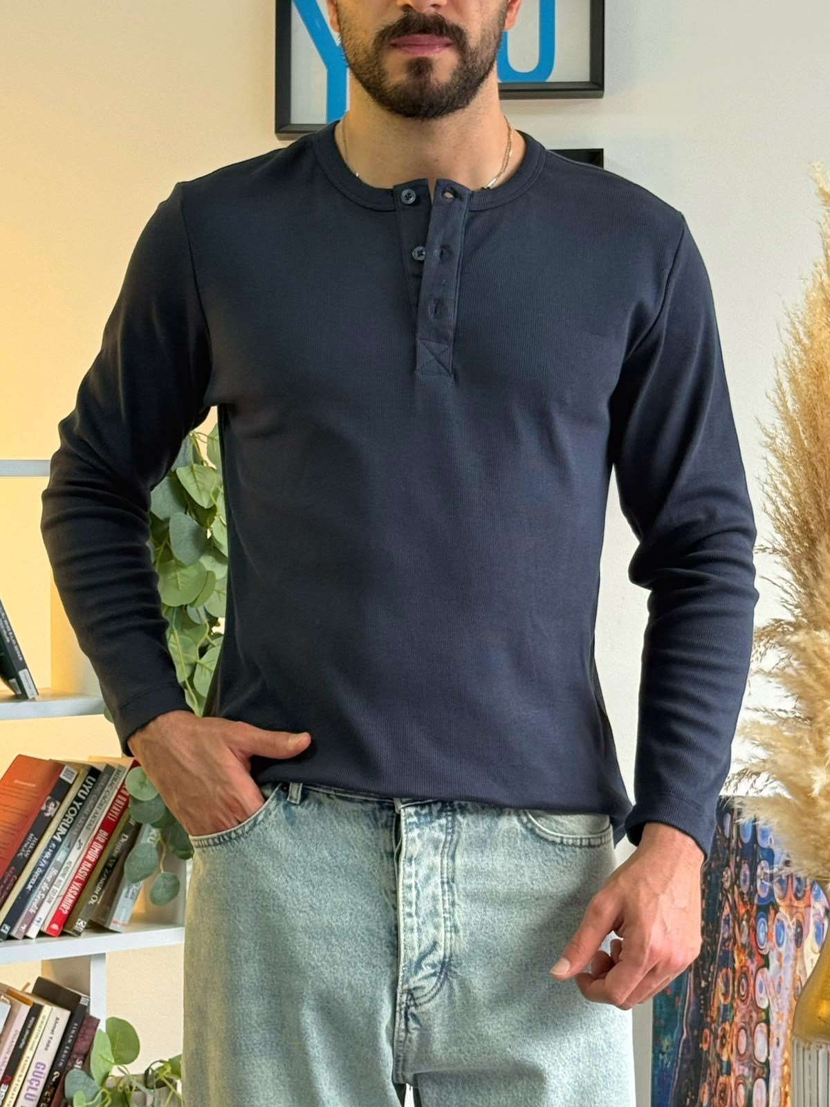 Lacivert Henley Yaka Uzun Kollu Sweat