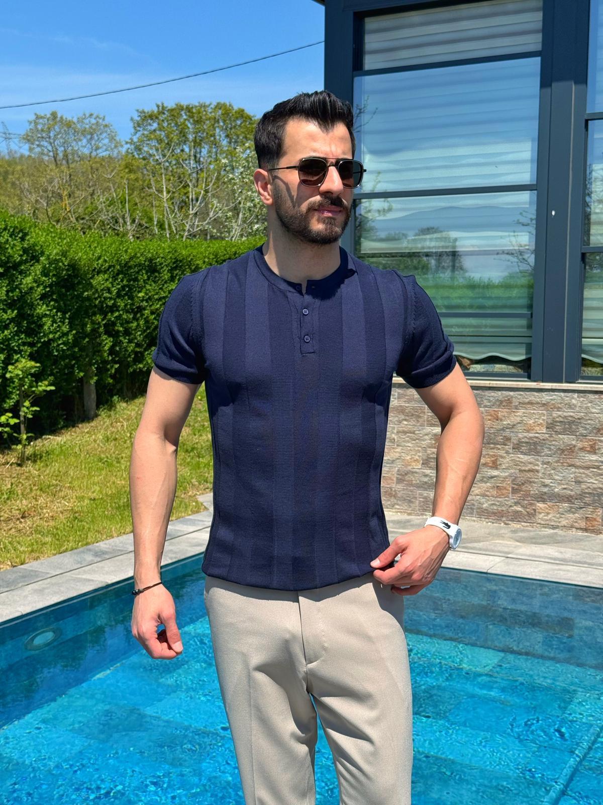 Lacivert Kalın Çizgili Hakim Yaka Pamuklu Triko T-Shirt