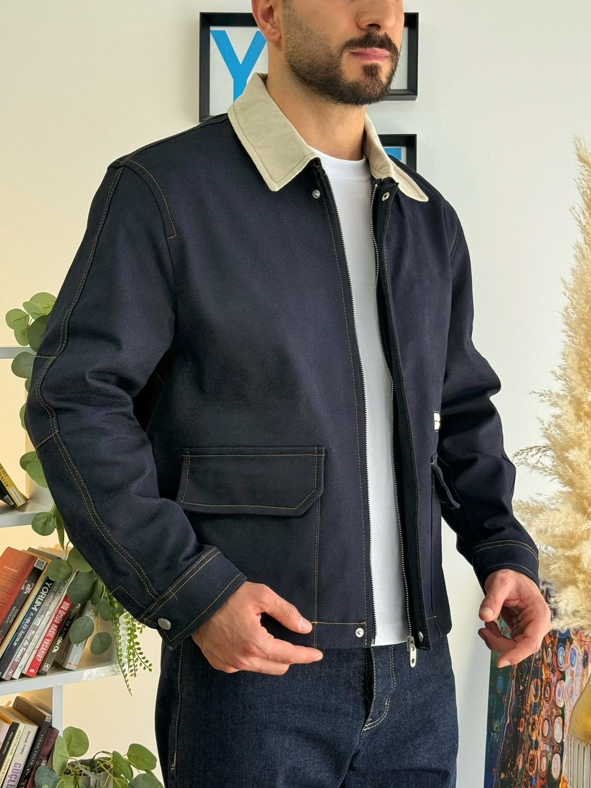 Lacivert Kontrast Yaka Detaylı Denim Ceket