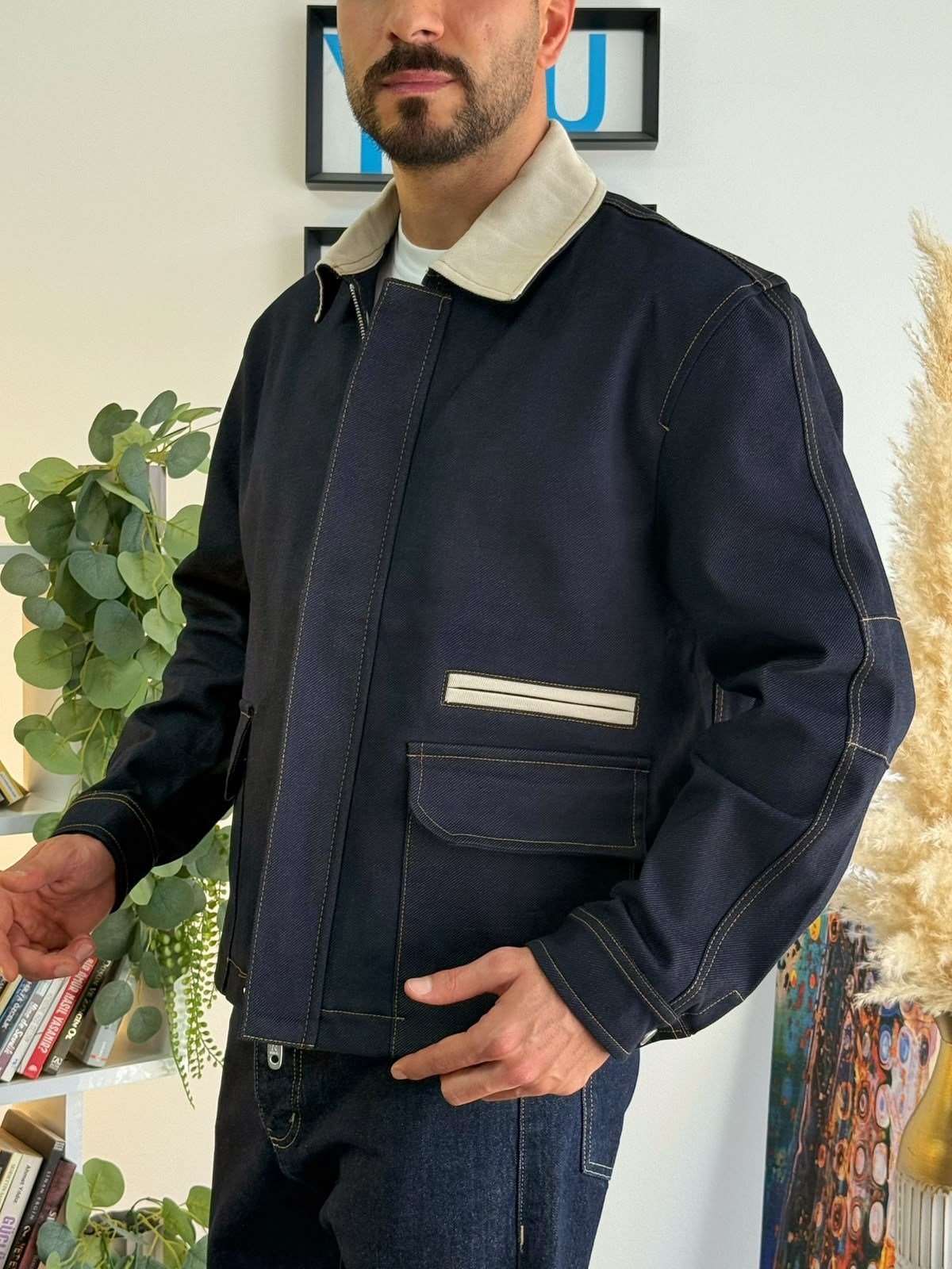 Lacivert Kontrast Yaka Detaylı Denim Ceket