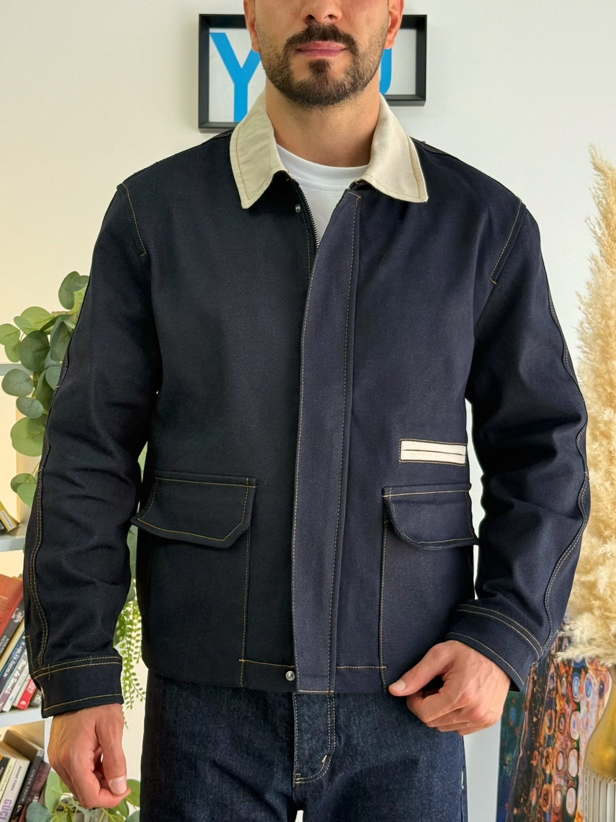 Lacivert Kontrast Yaka Detaylı Denim Ceket