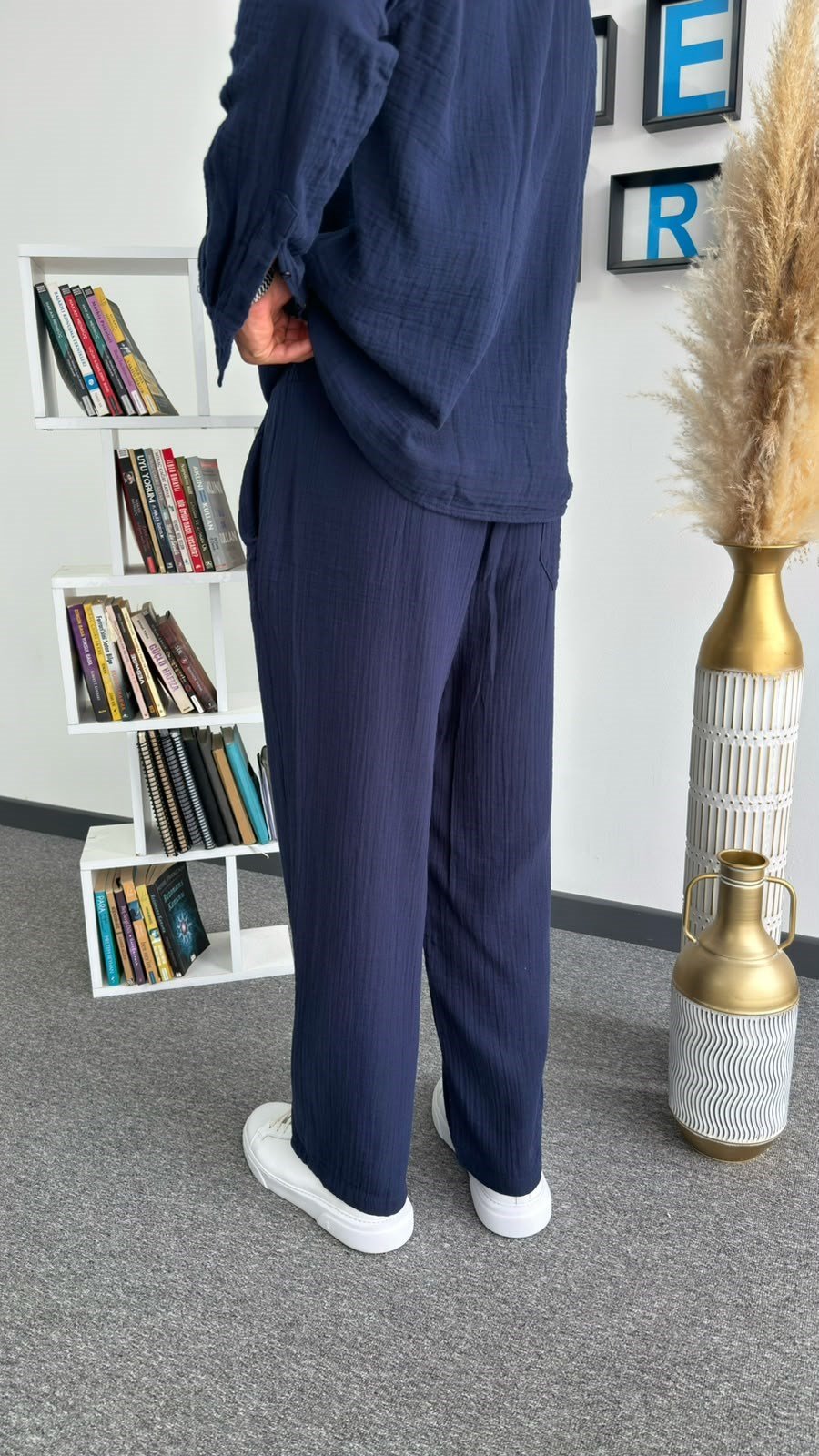 Lacivert Müslin Keten Baggy Pantolon
