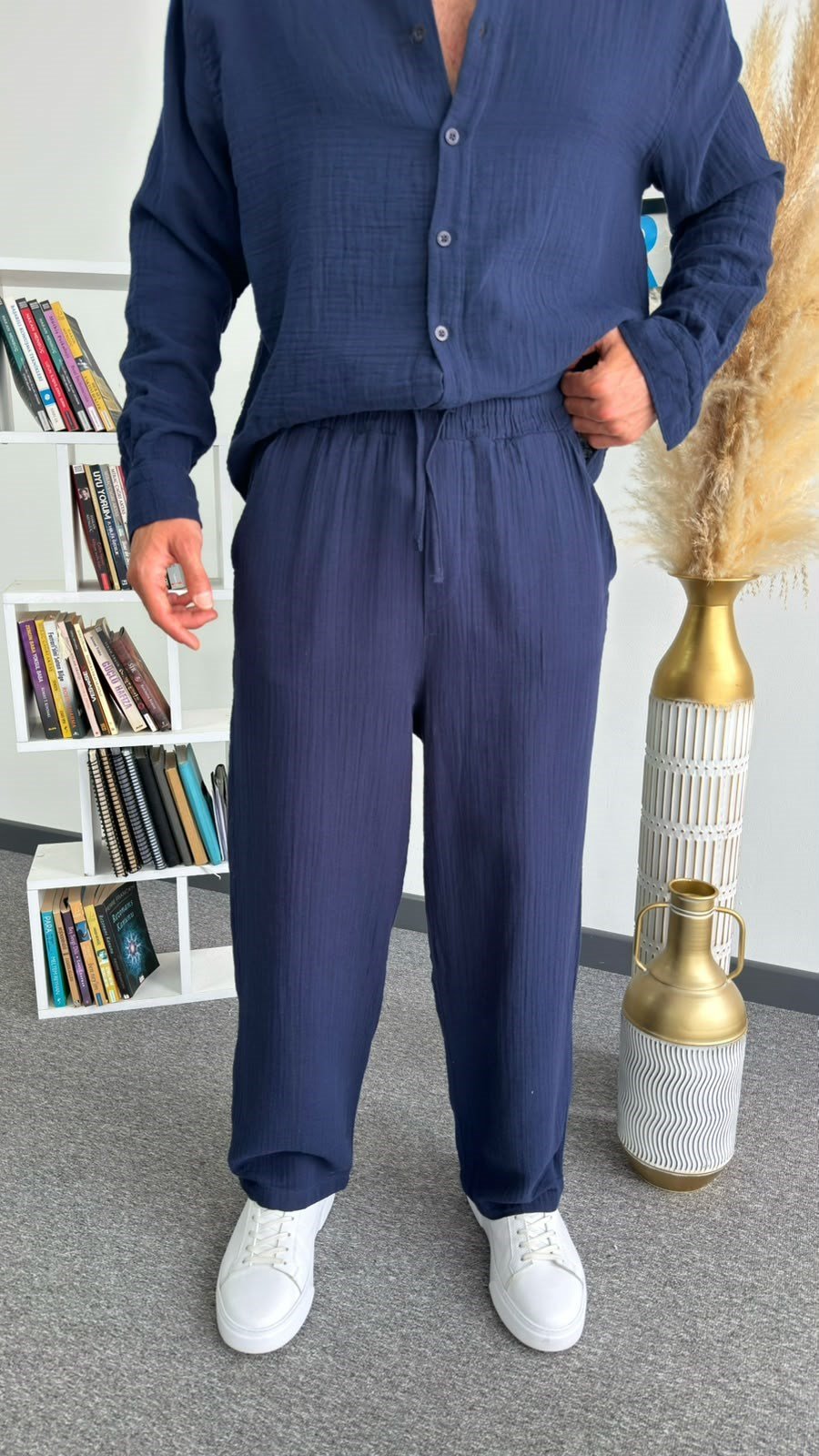 Lacivert Müslin Keten Baggy Pantolon