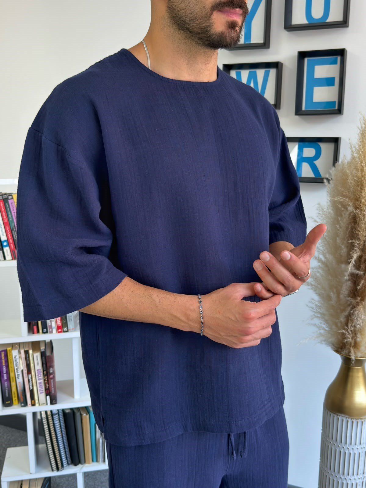 Lacivert Müslin Kumaş Fakir Kol Oversize T-Shirt