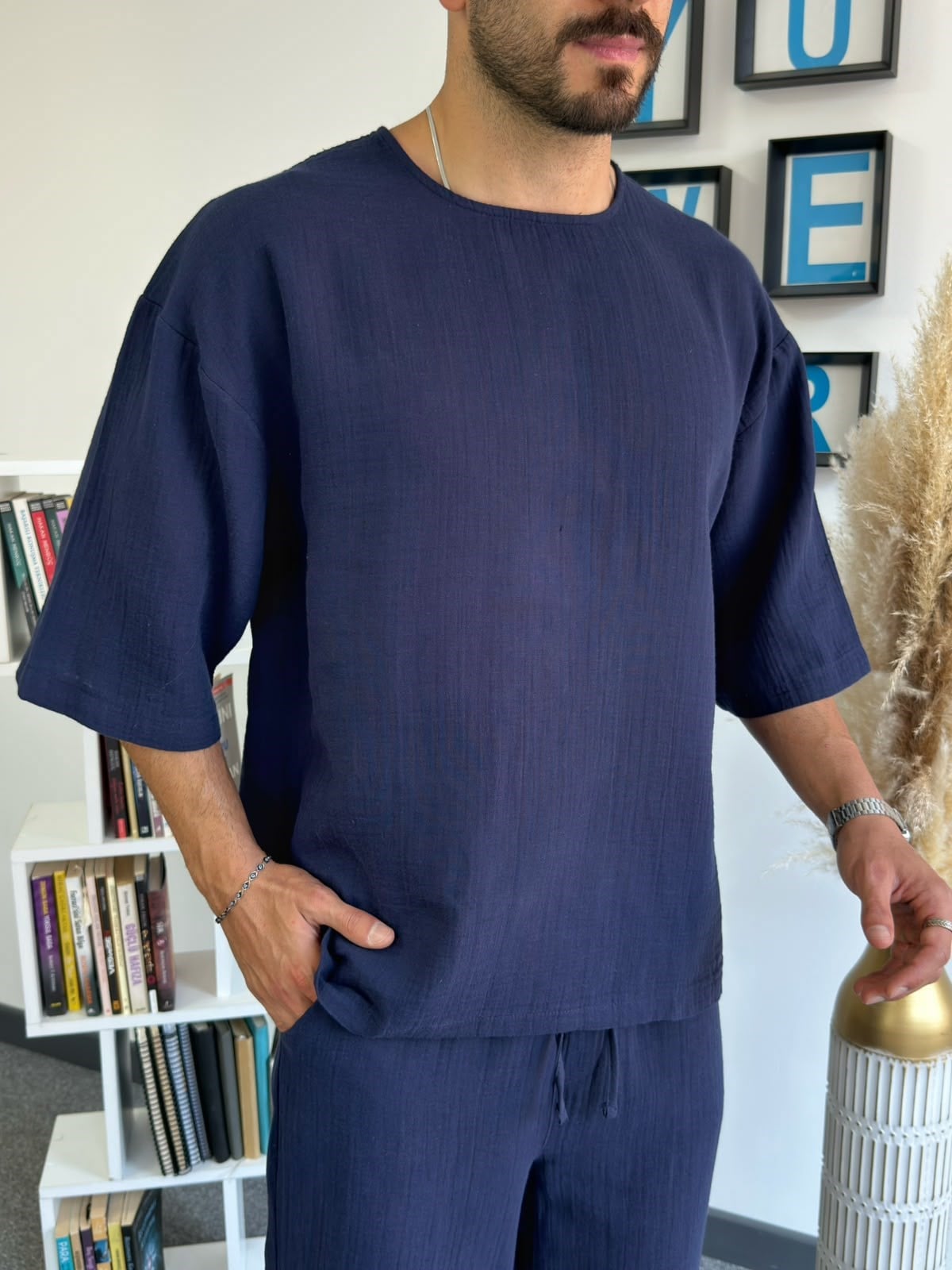 Lacivert Müslin Kumaş Fakir Kol Oversize T-Shirt