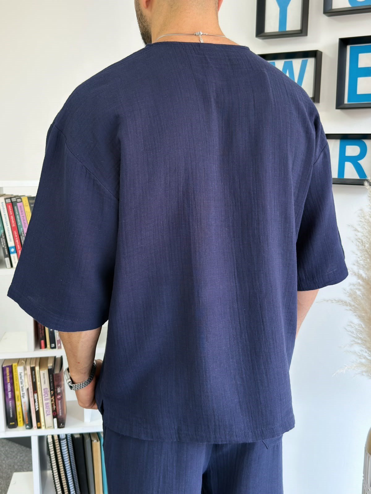 Lacivert Müslin Kumaş Fakir Kol Oversize T-Shirt