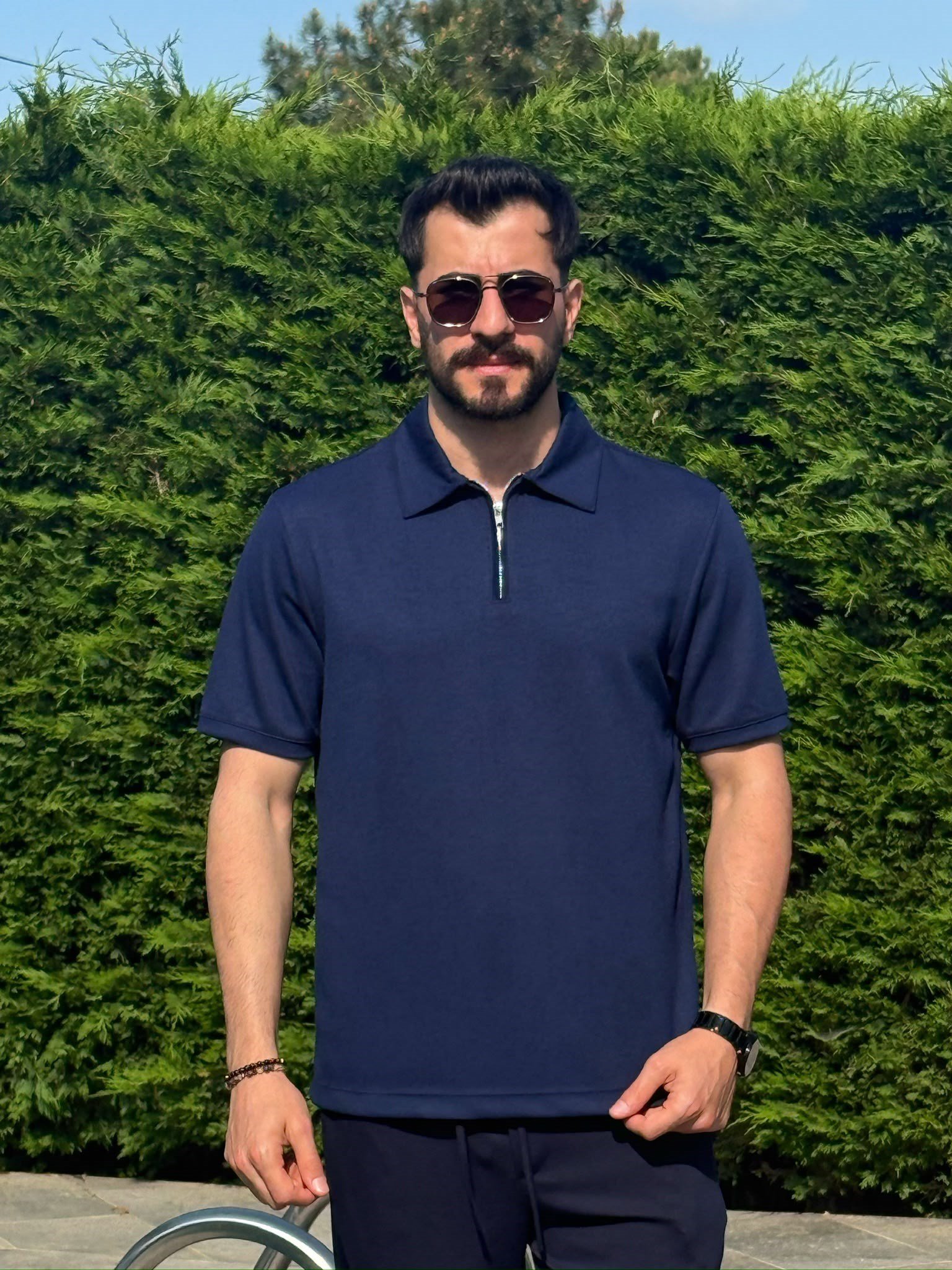 Lacivert Osyh Kumaş Yarım Fermuarlı T-Shirt