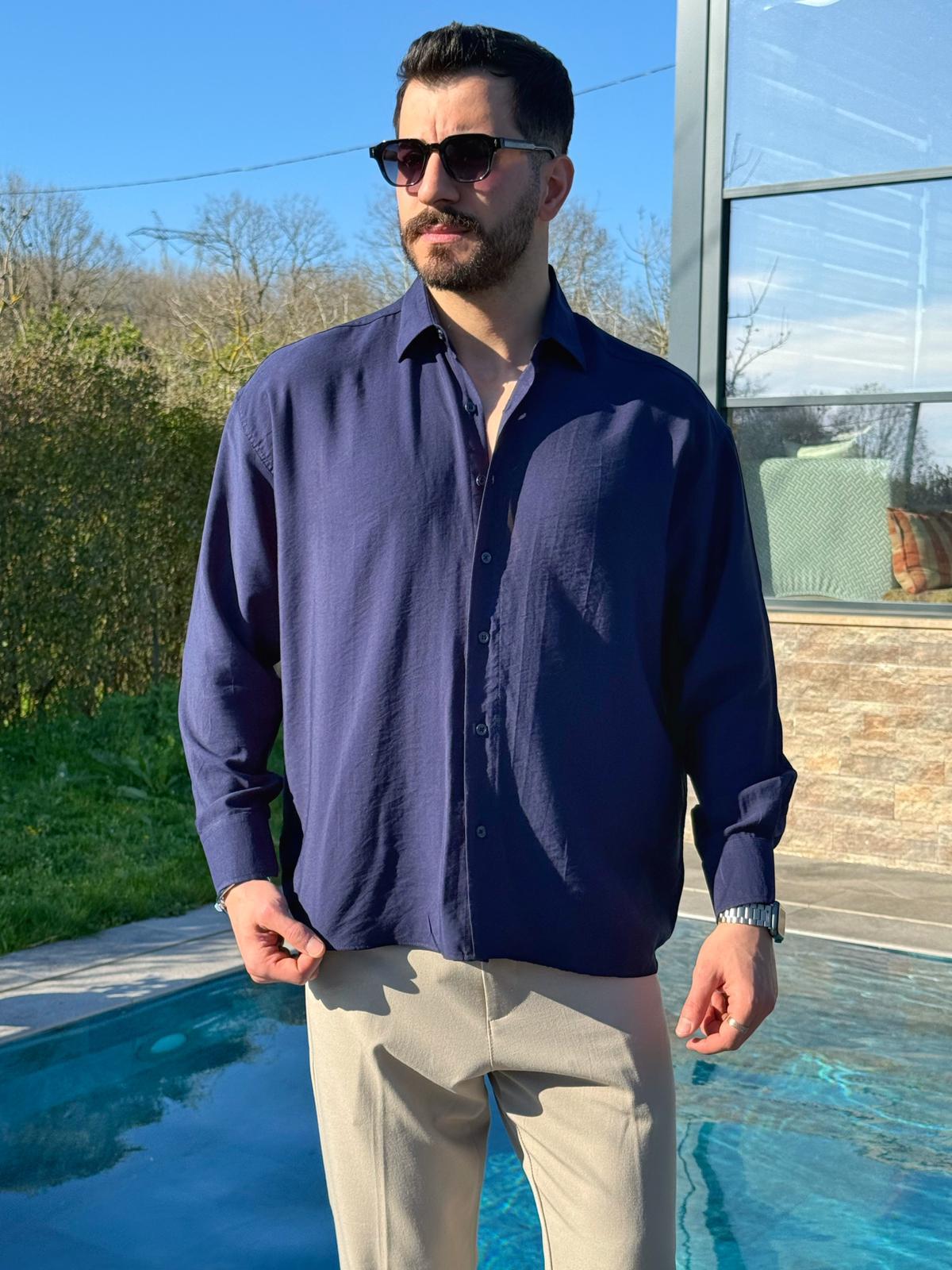 Lacivert Oversize Modern Modal Gömlek