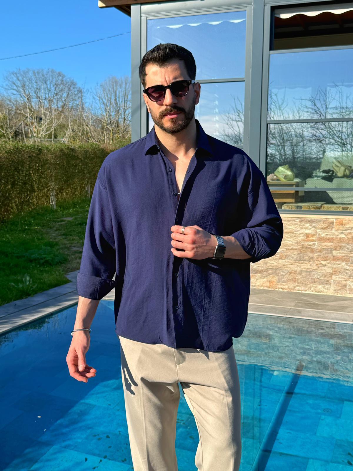 Lacivert Oversize Modern Modal Gömlek
