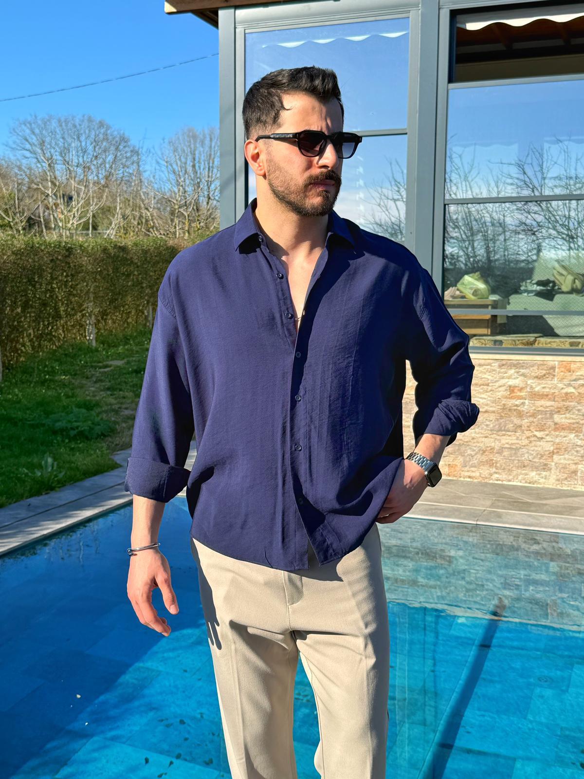 Lacivert Oversize Modern Modal Gömlek