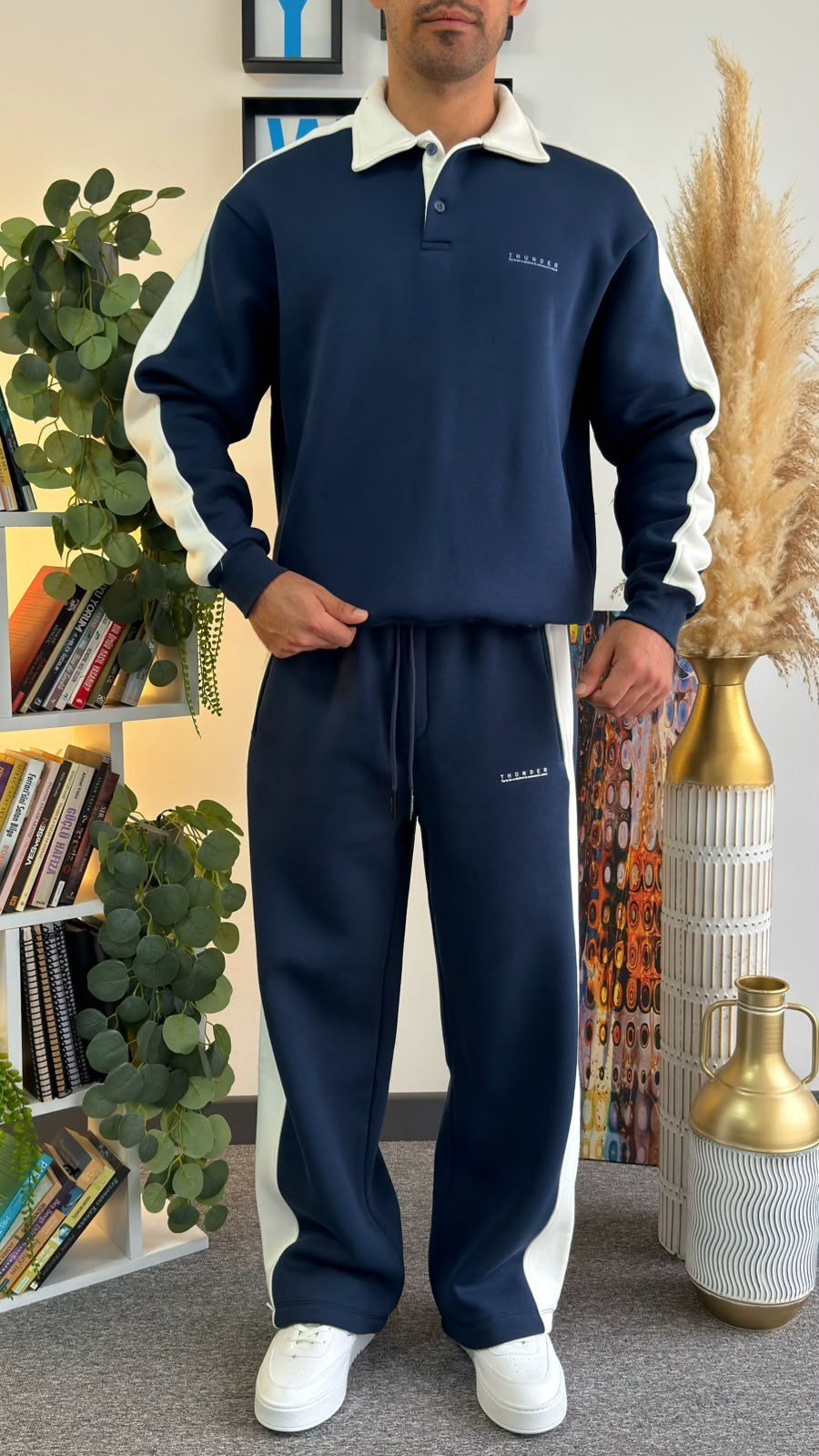Lacivert Oversize Polo Yaka Kontrast Şeritli Şardonlu Eşofman Takımı