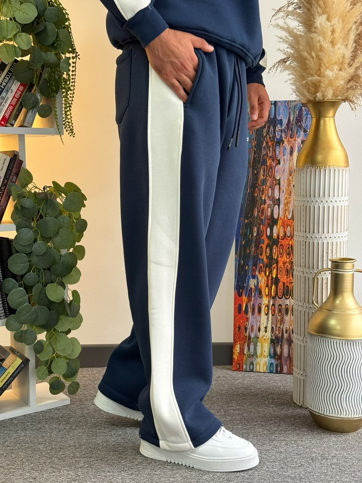 Lacivert Oversize Polo Yaka Kontrast Şeritli Şardonlu Eşofman Takımı