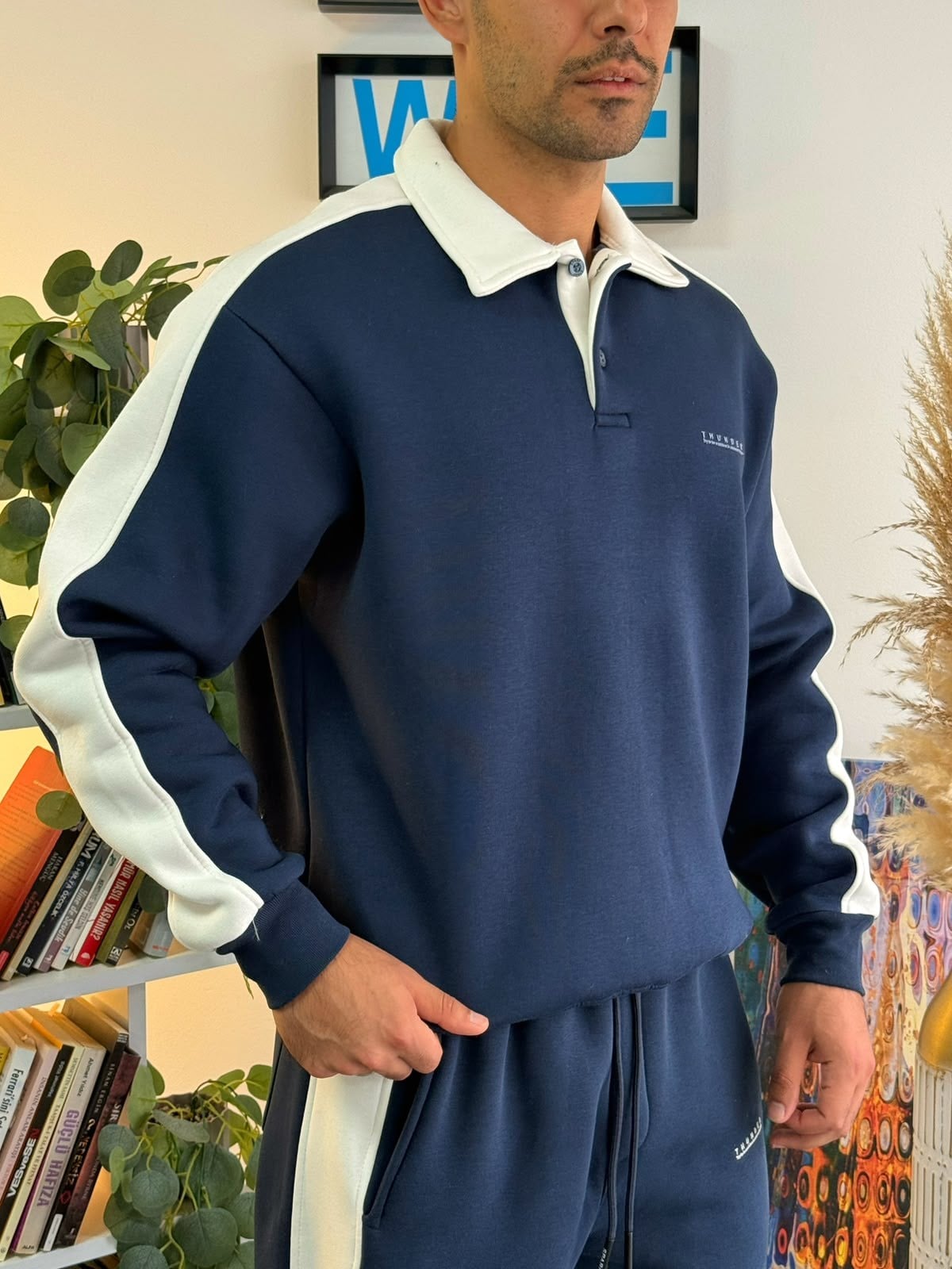 Lacivert Oversize Polo Yaka Kontrast Şeritli Şardonlu Eşofman Takımı
