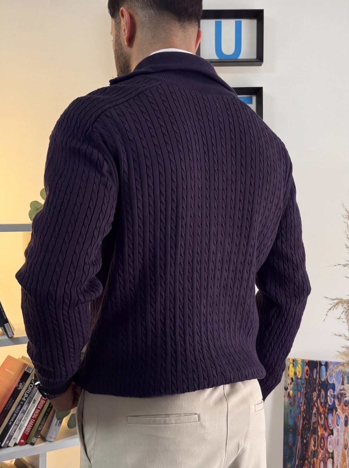 Lacivert Regular Fit Halat Desenli Ribana Detaylı Triko Hırka