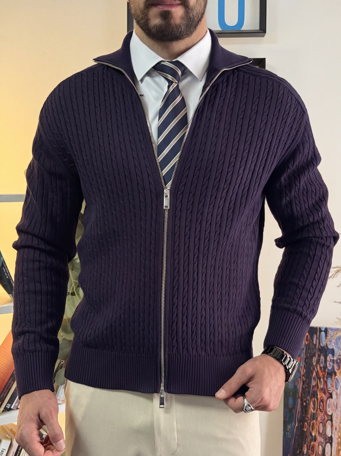 Lacivert Regular Fit Halat Desenli Ribana Detaylı Triko Hırka