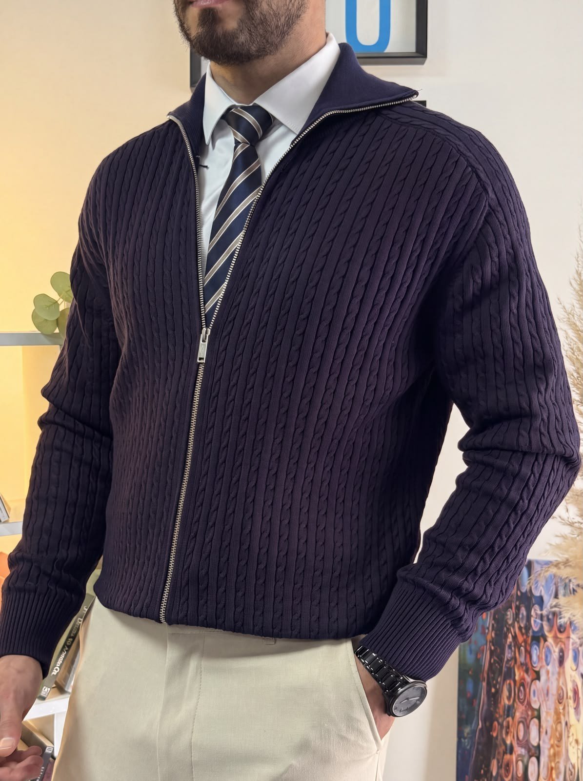 Lacivert Regular Fit Halat Desenli Ribana Detaylı Triko Hırka