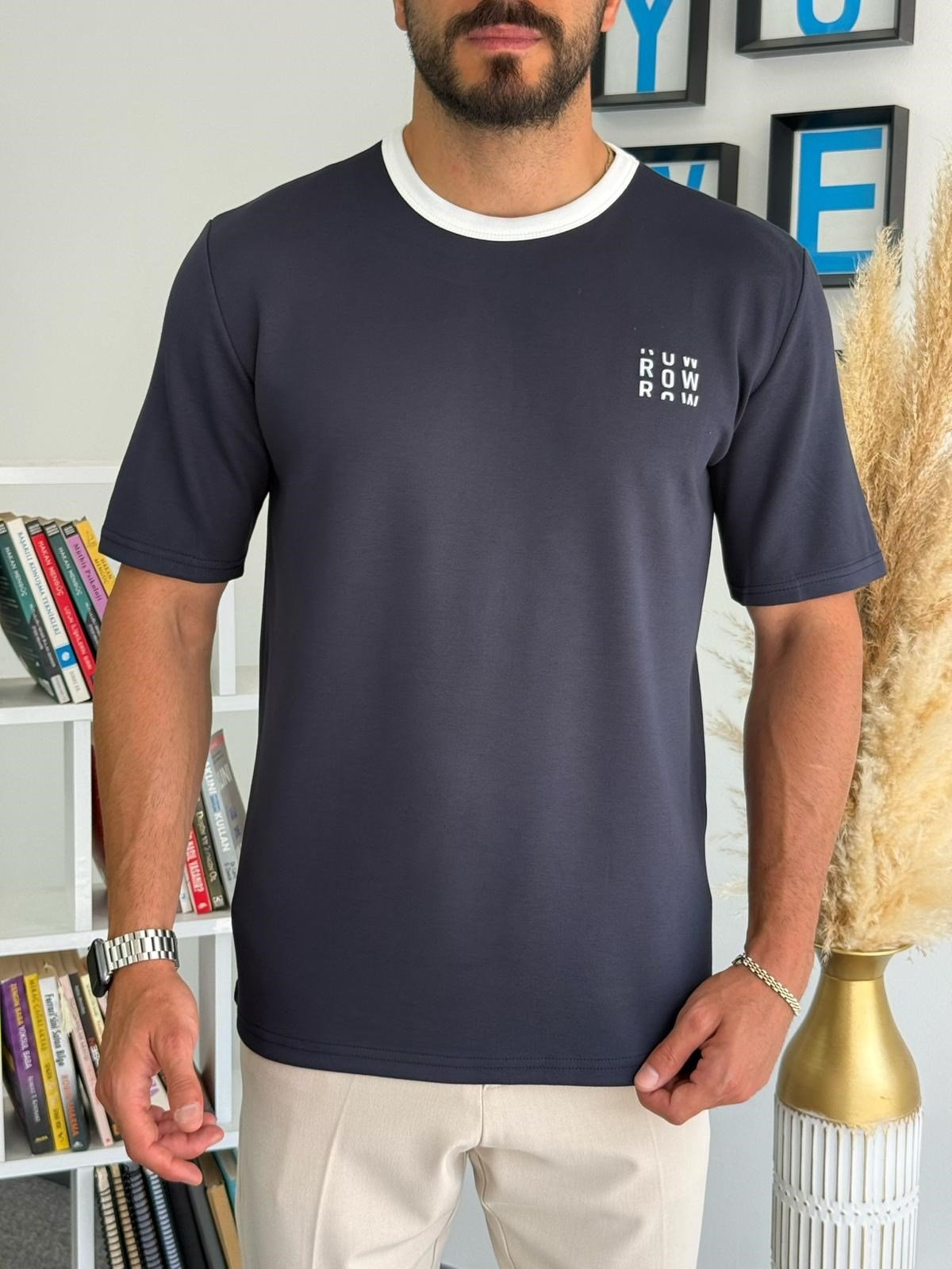 Lacivert ROW Nakışlı Tam Kalıp Bisiklet Yaka T-Shirt