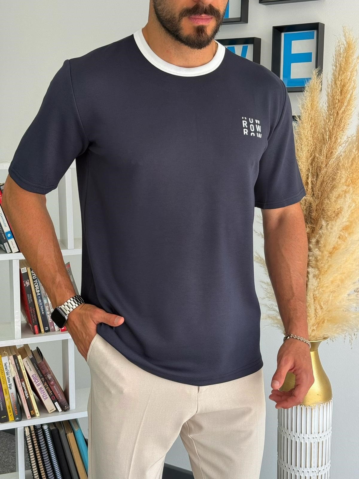 Lacivert ROW Nakışlı Tam Kalıp Bisiklet Yaka T-Shirt