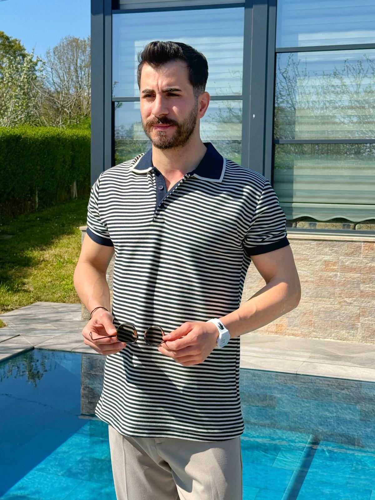 Lacivert Şeritli Regular Kalıp Polo Yaka T-shirt