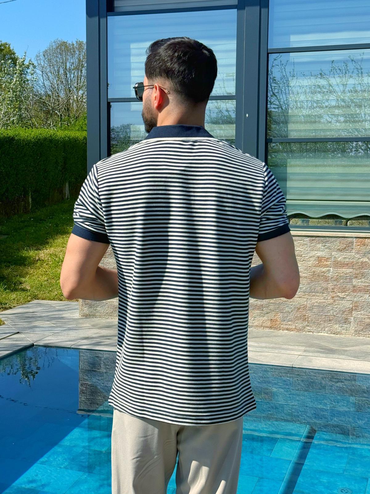 Lacivert Şeritli Regular Kalıp Polo Yaka T-shirt