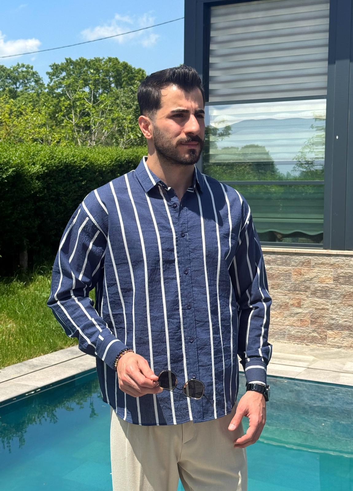 Lacivert Yazlık Çizgili Keten Dokulu Gömlek