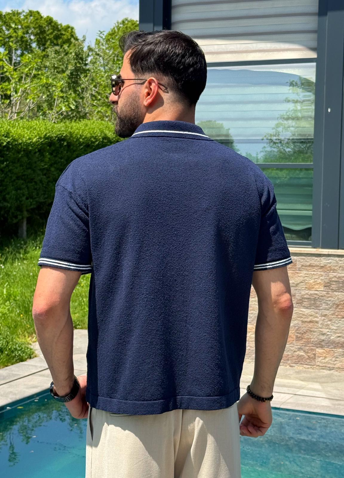 Lacivert Yazlık Dokulu Polo Yaka Triko Tişört