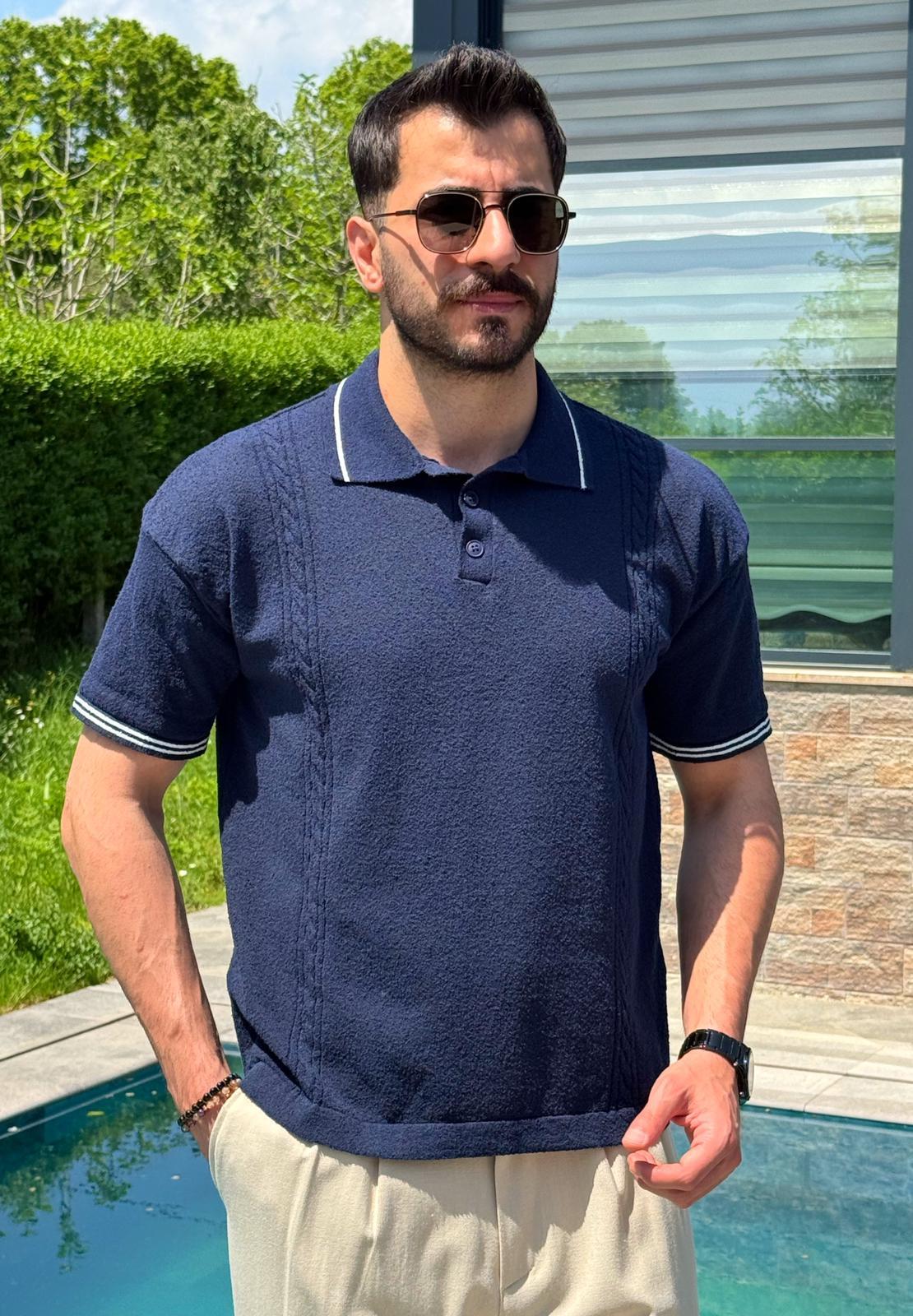 Lacivert Yazlık Dokulu Polo Yaka Triko Tişört