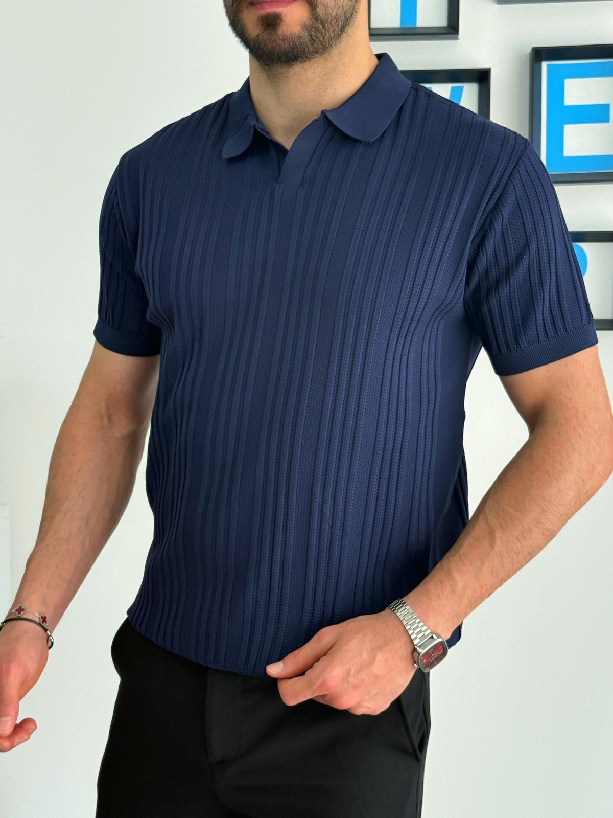 Lacivert Yazlık Likralı Polo Yaka T-Shirt