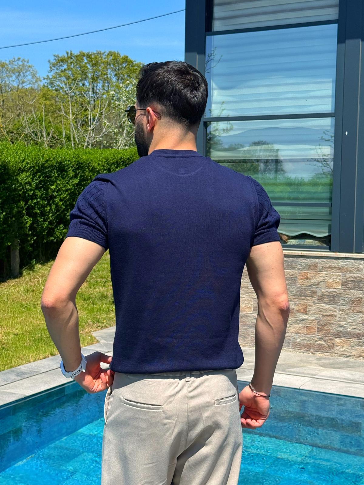 Lacivert Yazlık Pamuklu Örgü Desenli Triko Tişört