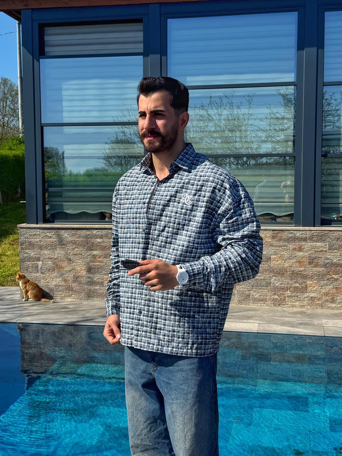 Lacivert Yazlık Yıkamalı AC Nakışlı Oversize Gömlek