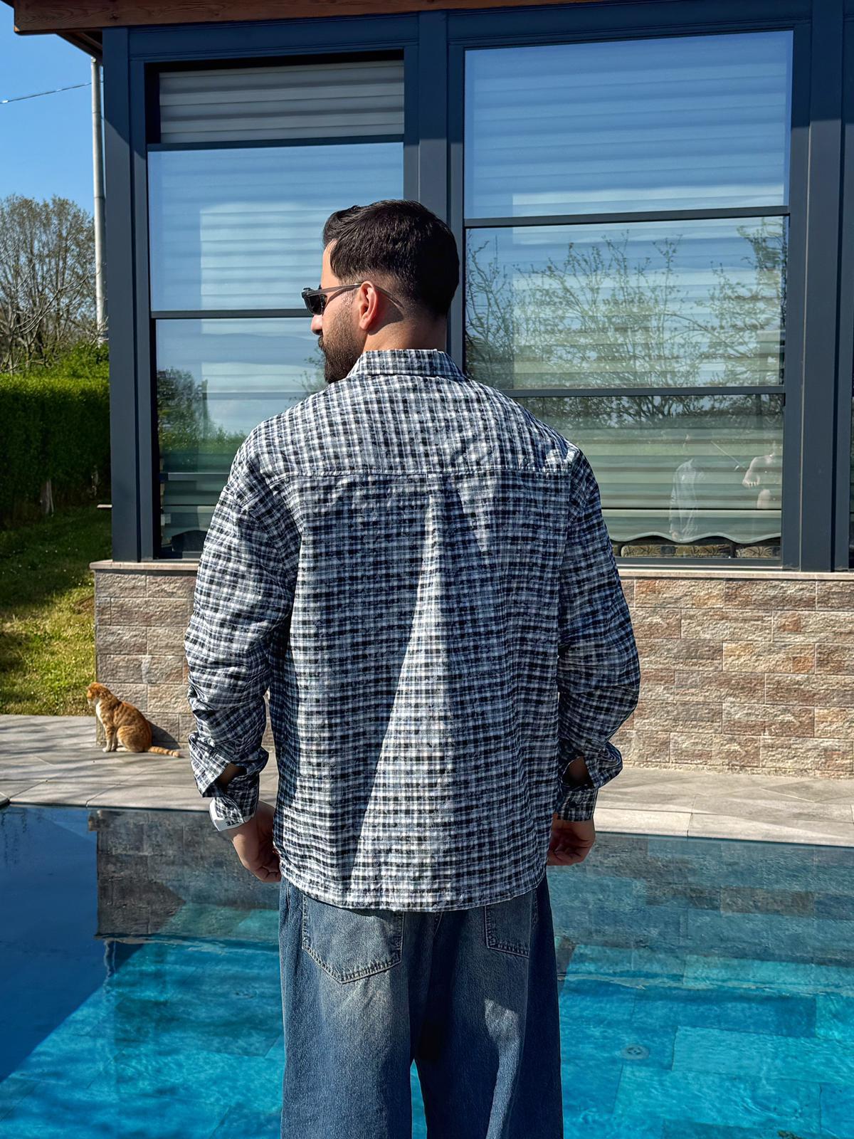 Lacivert Yazlık Yıkamalı AC Nakışlı Oversize Gömlek
