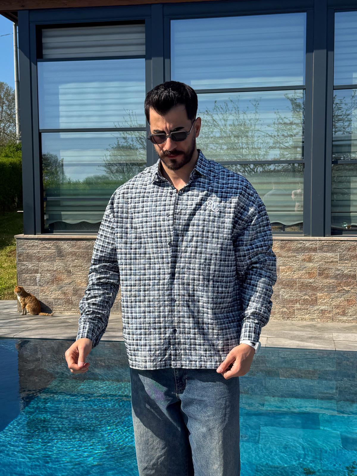 Lacivert Yazlık Yıkamalı AC Nakışlı Oversize Gömlek
