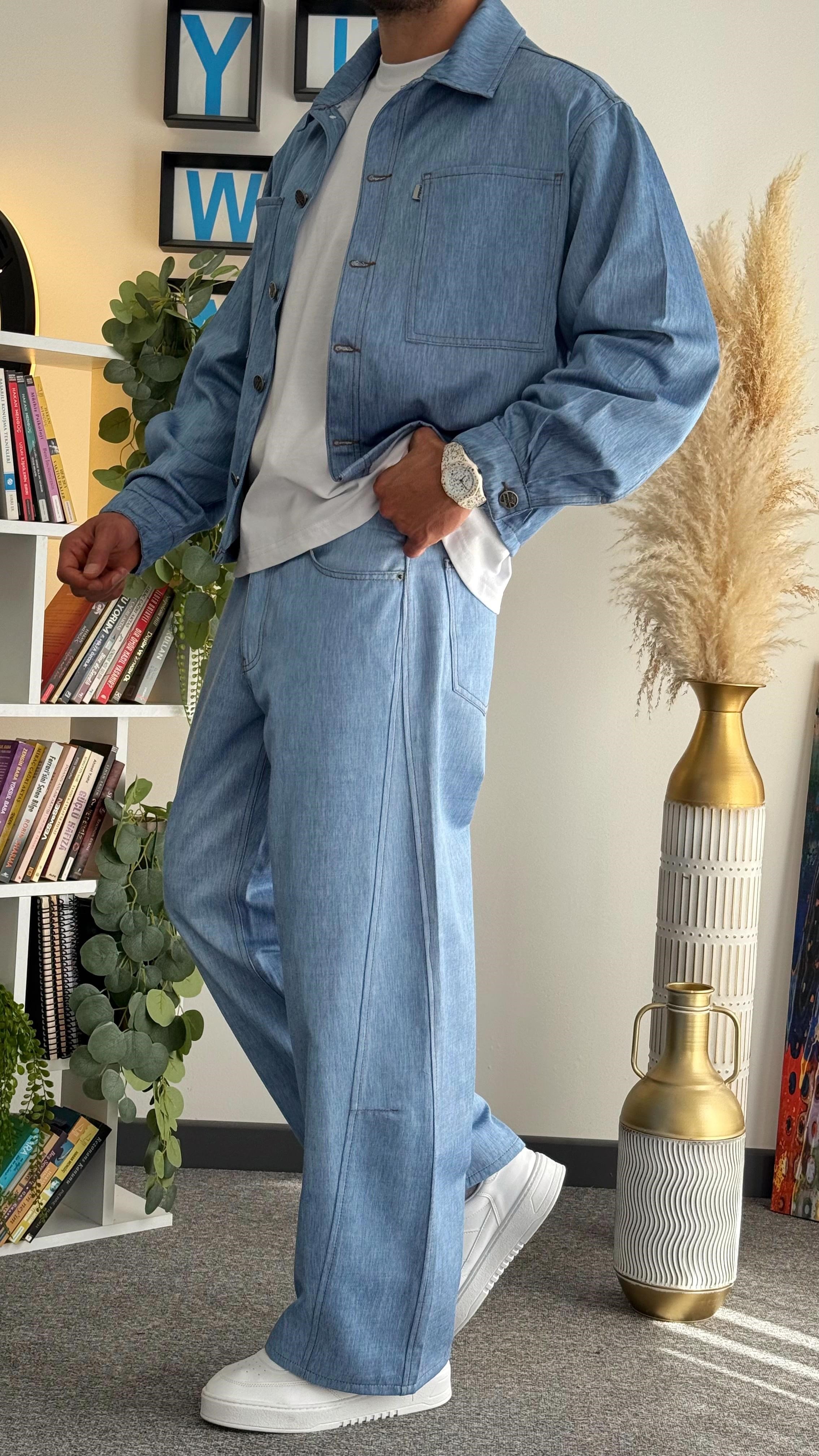 Mavi Crop Kesim Denim Takım (Crop Denim Ceket-Baggy Denim Pantolon)