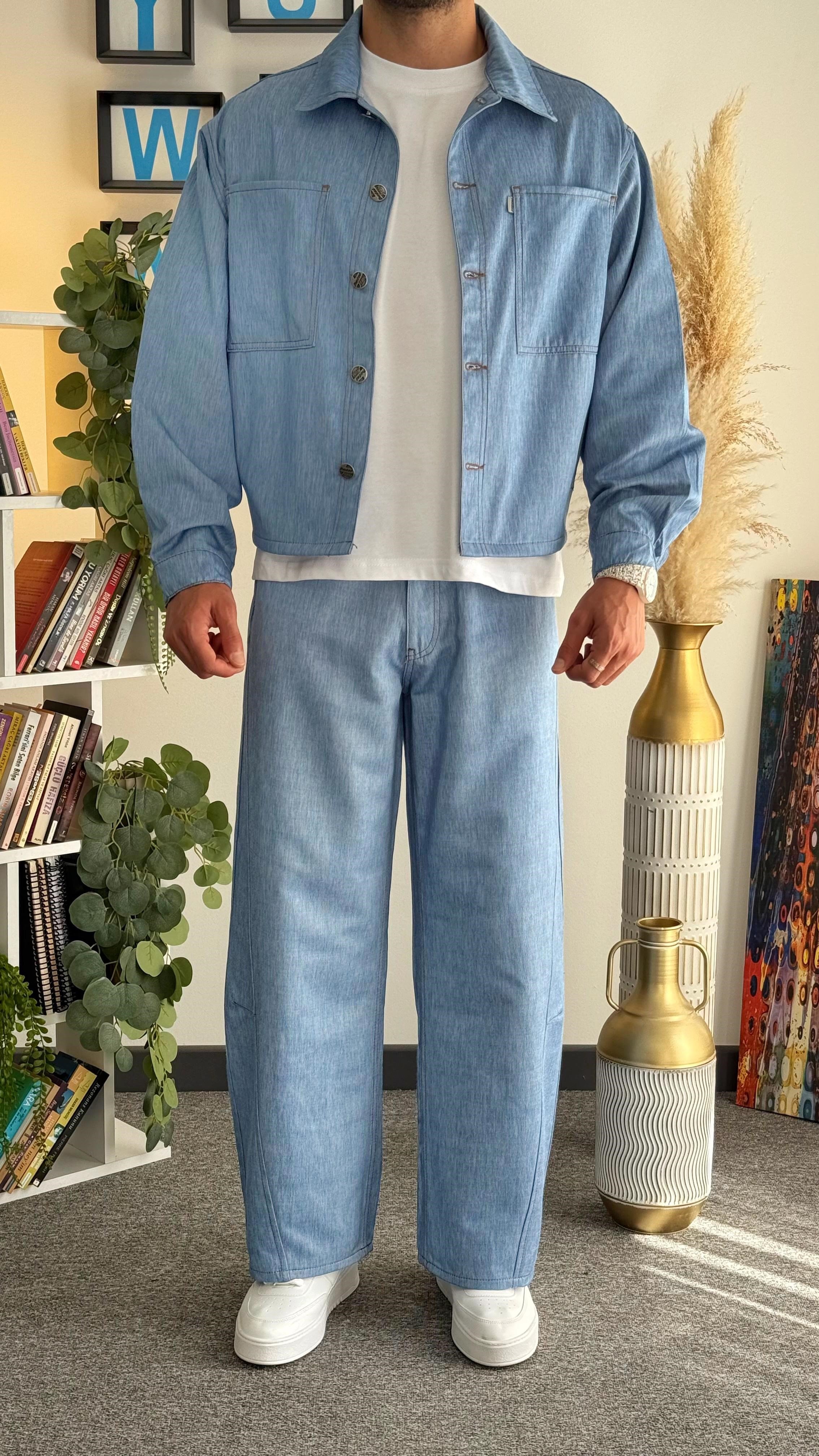 Mavi Crop Kesim Denim Takım (Crop Denim Ceket-Baggy Denim Pantolon)