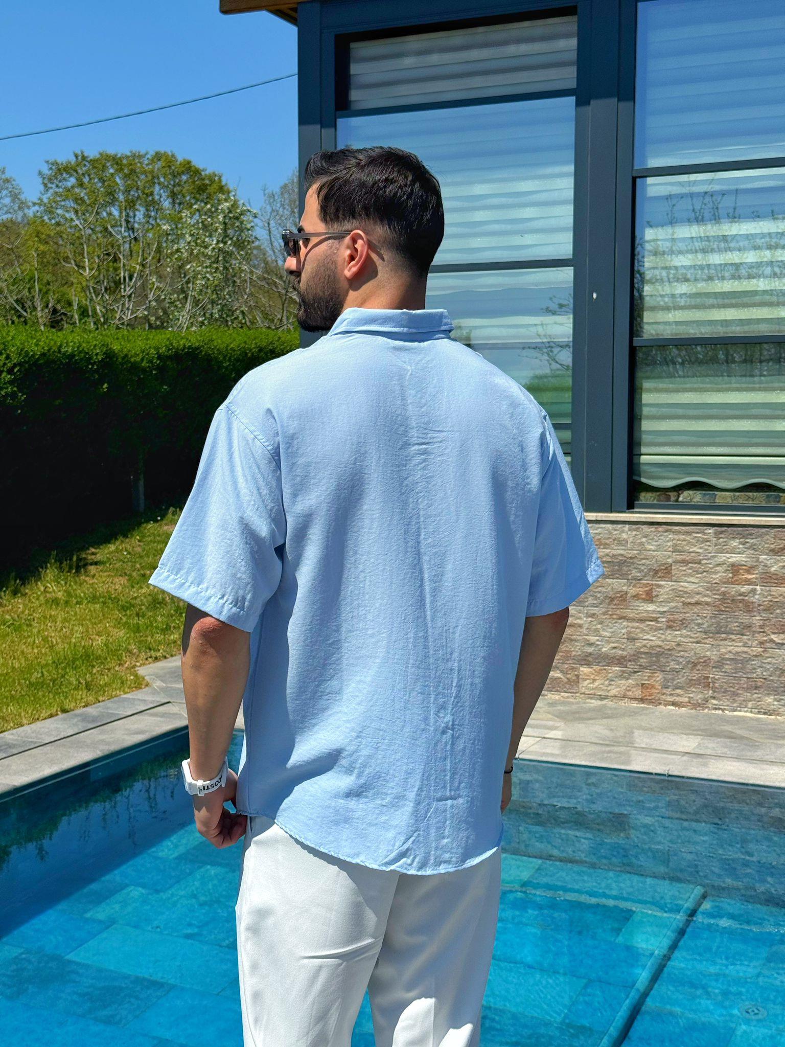Mavi Flam Kumaş Yazlık Oversize Kısa Kol Gömlek